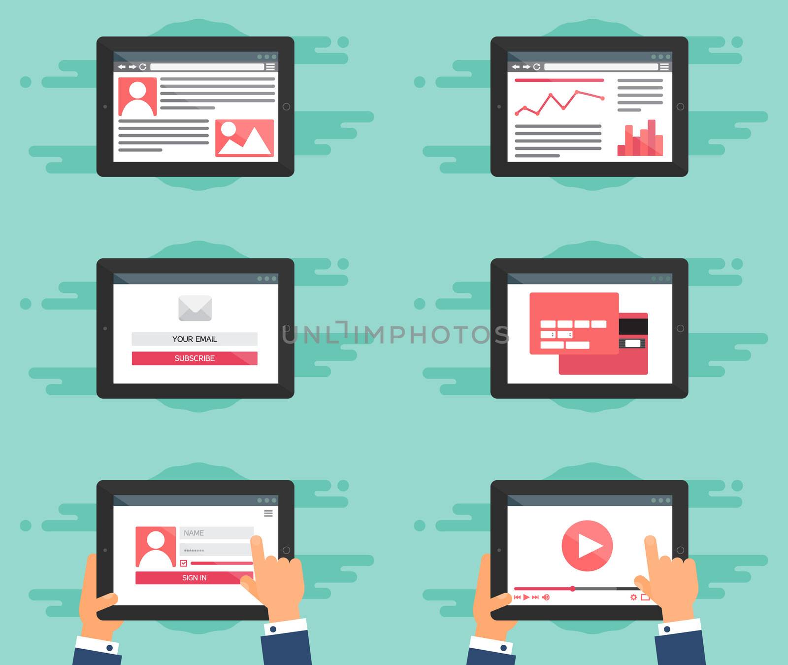 Web Template for site forms of email subscribe, login to account, watching video, online shopping, blog and infographics on tablet. Vector