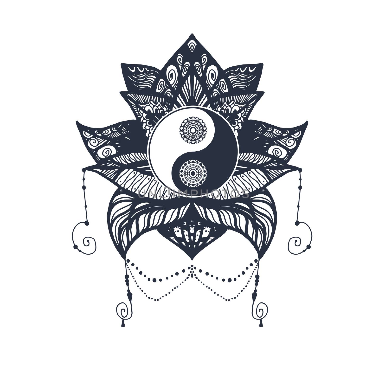 Vintage Yin and Yang in Mandala Lotus. Tao symbol for print, tattoo, coloring book,fabric, t-shirt, yoga, henna, cloth in boho style. Mehndi, occult and tribal, esoteric and alchemy sign. Vector