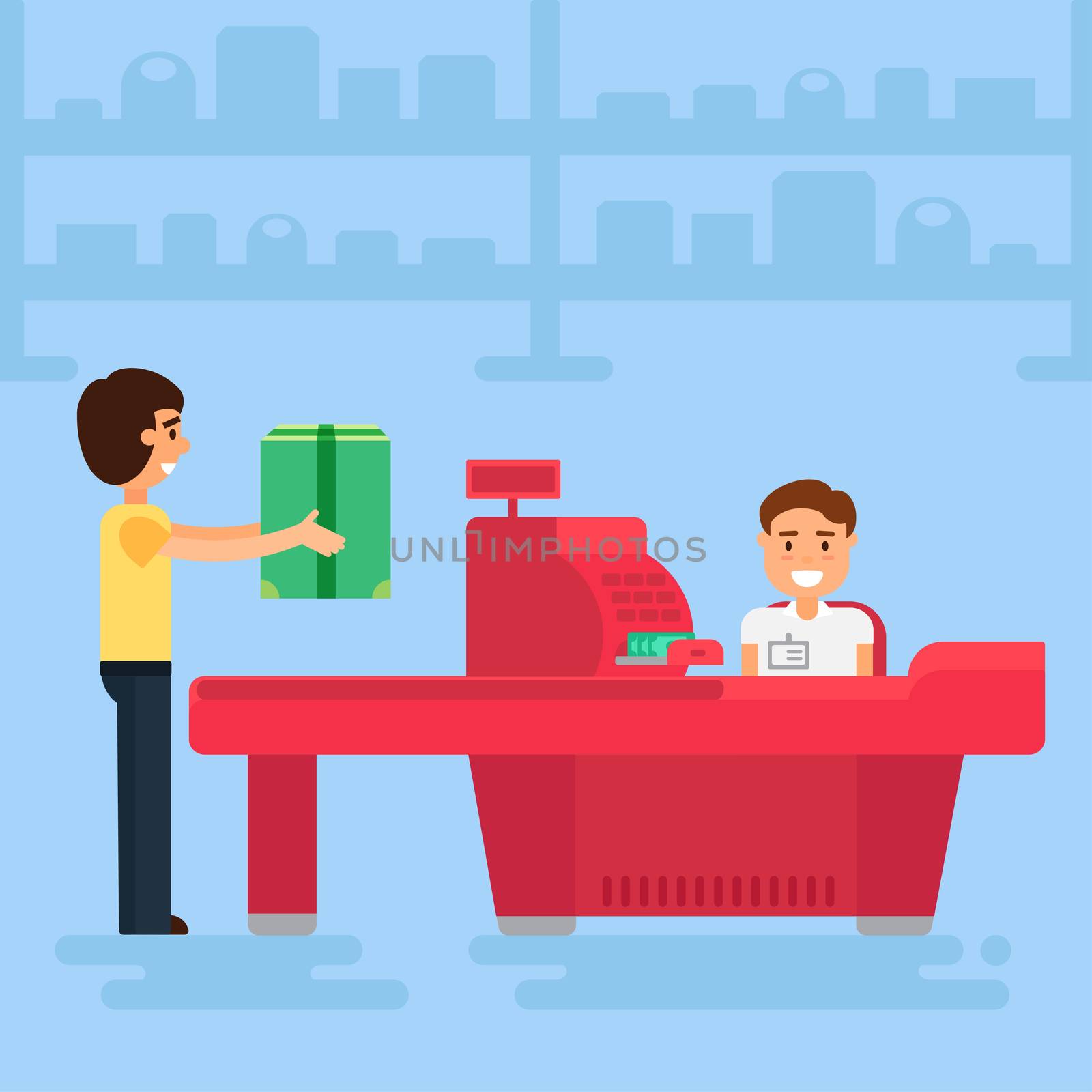 Store with customer and cashier near cash desk. Store or market retail interior. Shopping concept illustration. People are paying purchase. Vector