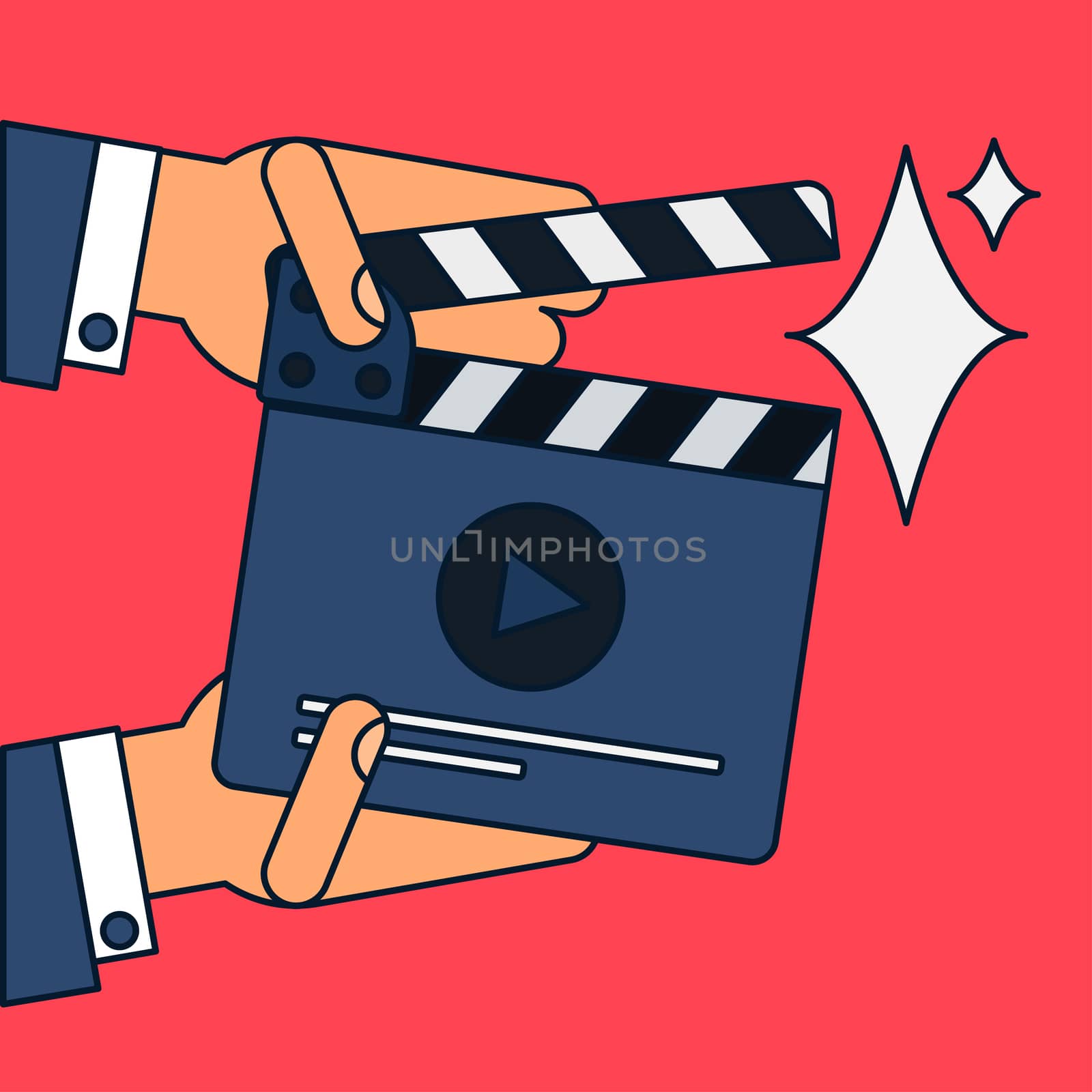 Flat movie clapperboard symbol in hands. Stylish blank movie clapperboard elements. Vector