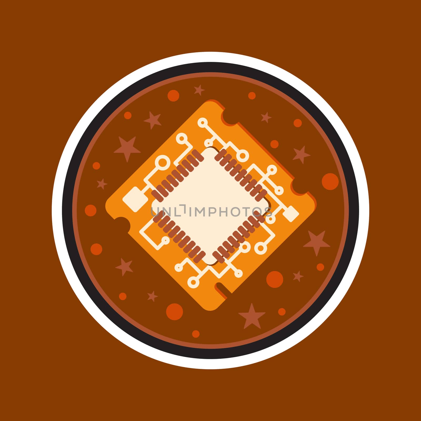 Computer Processor Chip. Symbol of programmer hard work, system administrator activities, scientific innovation, technical advancements and robotics. High tech microprocessor. Vector