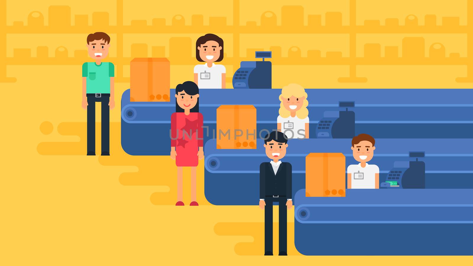 Store with customers crowd and cashier near cash desk. Store or market retail interior. Shopping concept illustration. People are paying purchase. Vector