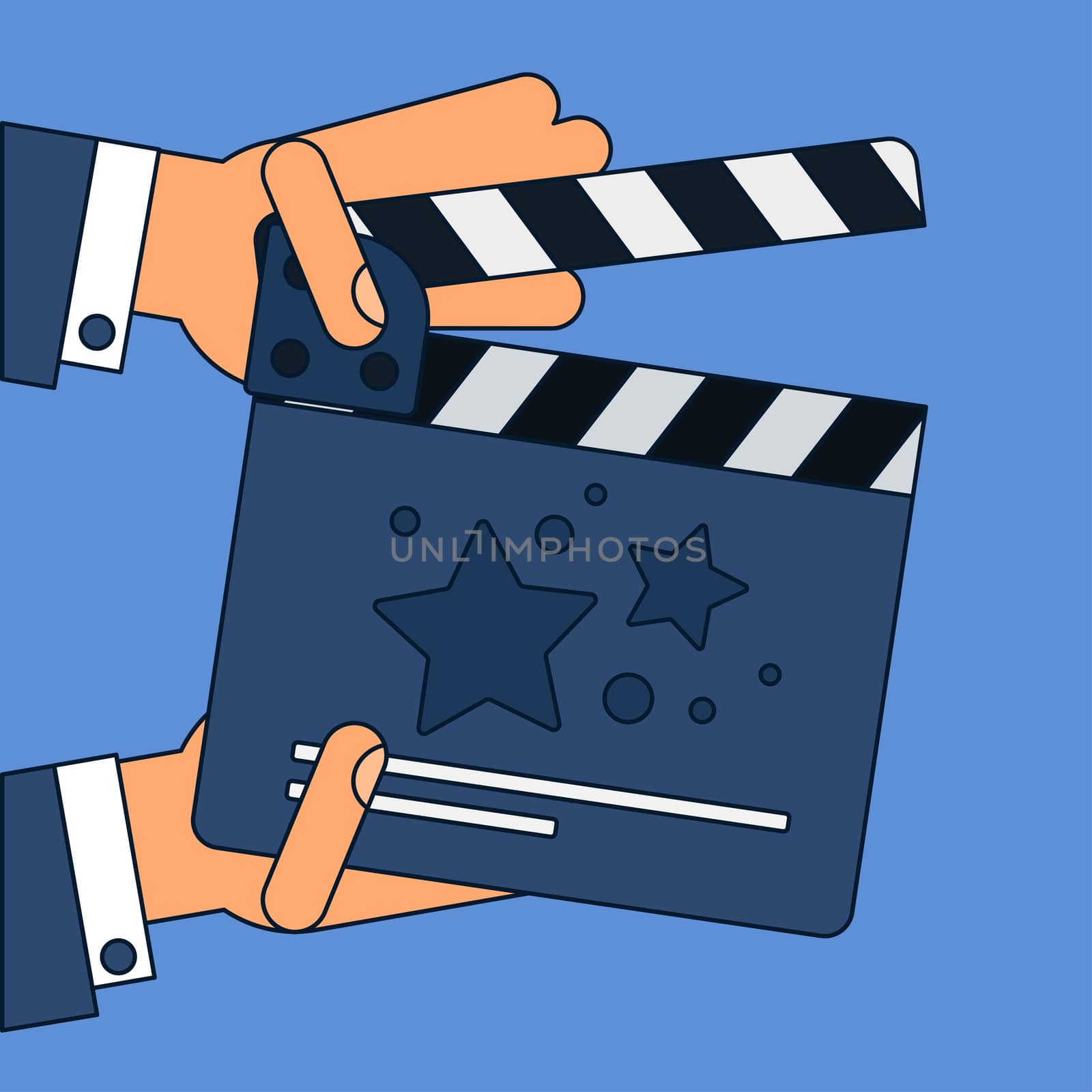 Flat movie clapperboard symbol in hands. Stylish blank movie clapperboard elements. Vector