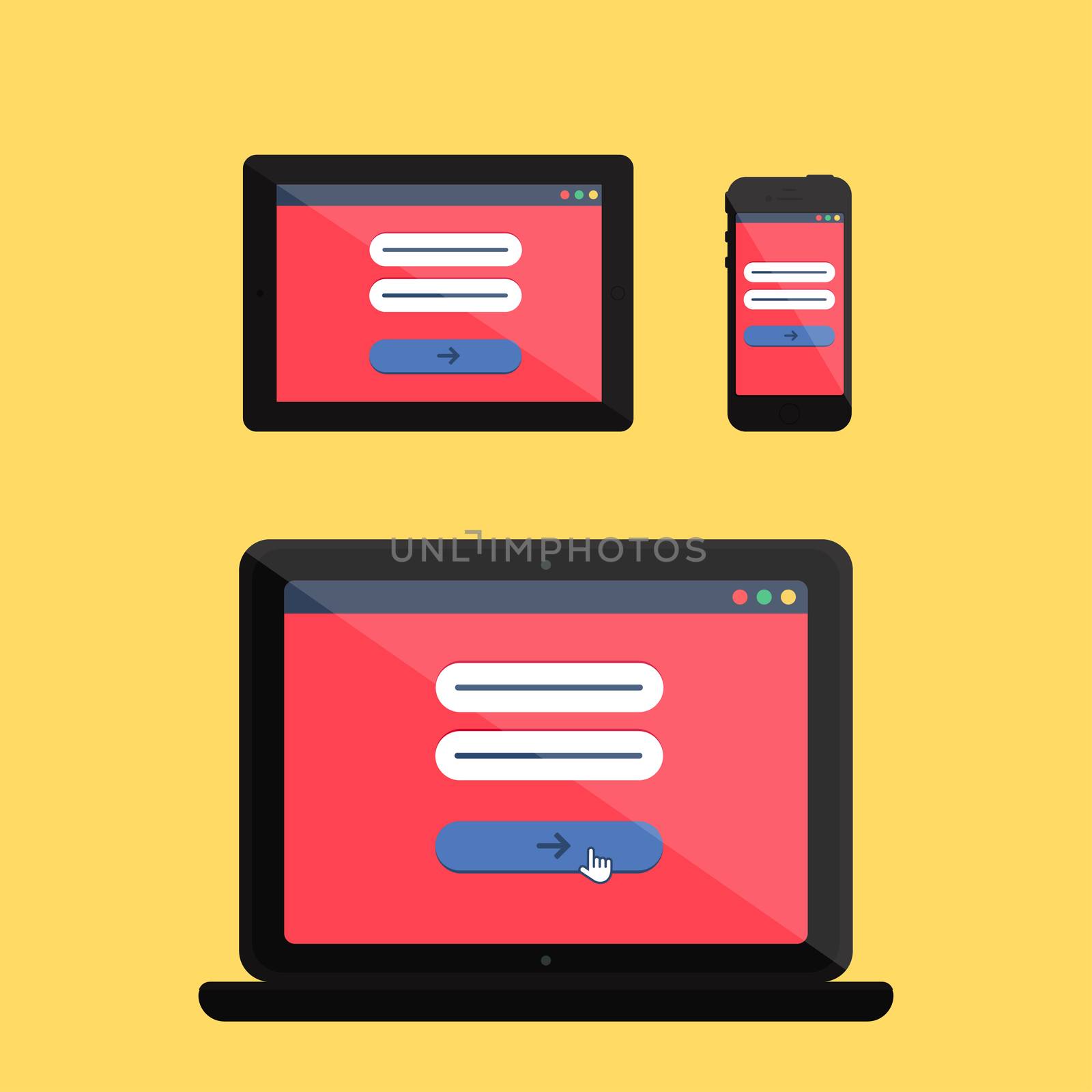 Adaptive Web Template and Gadget Elements for site form of email subscribe, newsletter or login to account, submit on Smartphone, Tablet, Notebook. Flat minimalistic pad, phone, laptop mockups. Vector