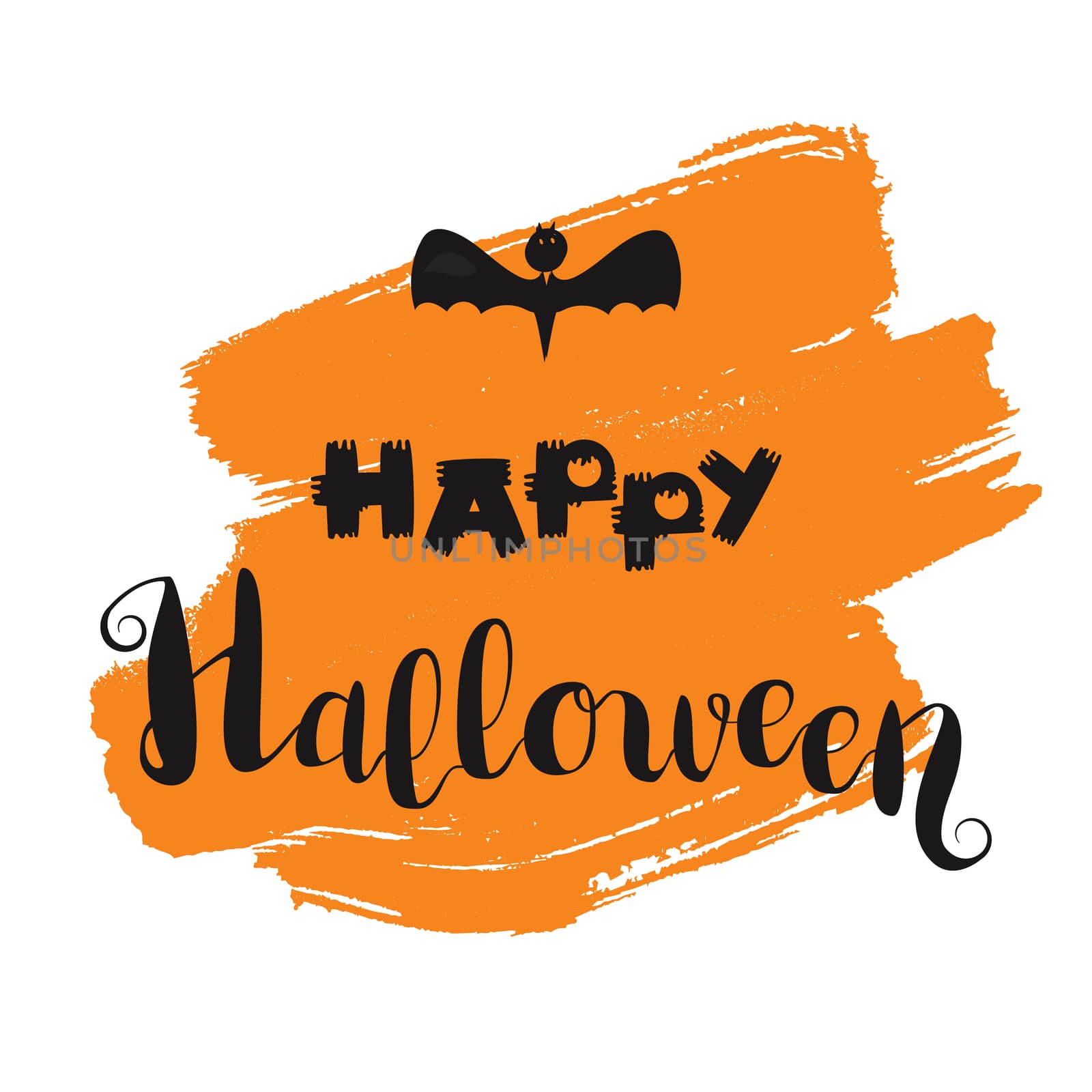 Happy Halloween Lettering on orange spot with bat. Trick or treat concept for print, fabric, greeting, card, banner, t-shirt. Design card and banner elements. Poster holiday text. Vector