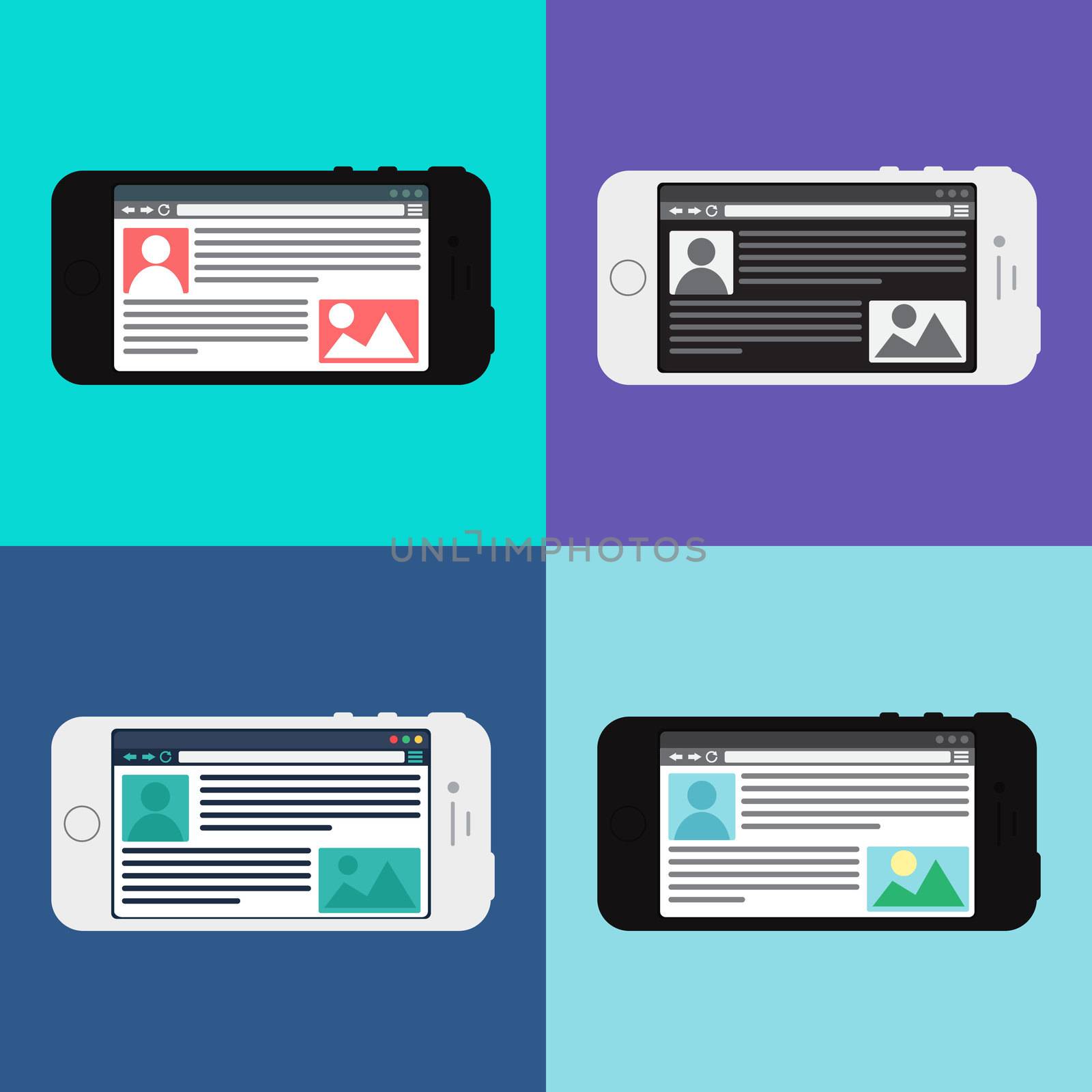 Adaptive Web Phone Template and Gadget Elements for site of blog and infographics on Smartphone. Vector