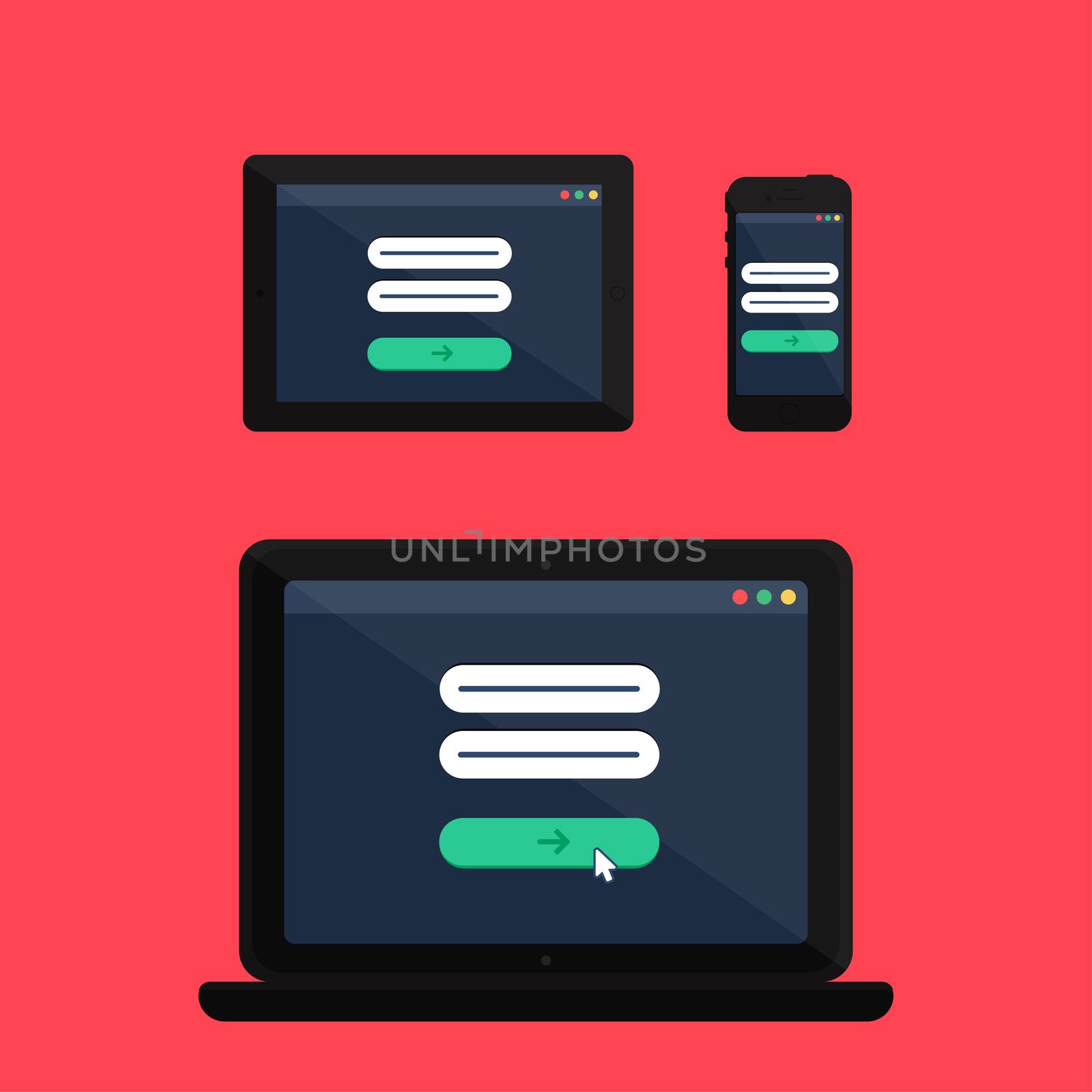 Adaptive Web Template and Gadget Elements for site form of email subscribe, newsletter or login to account, submit on Smartphone, Tablet, Notebook. Flat minimalistic pad, phone, laptop mockups. Vector