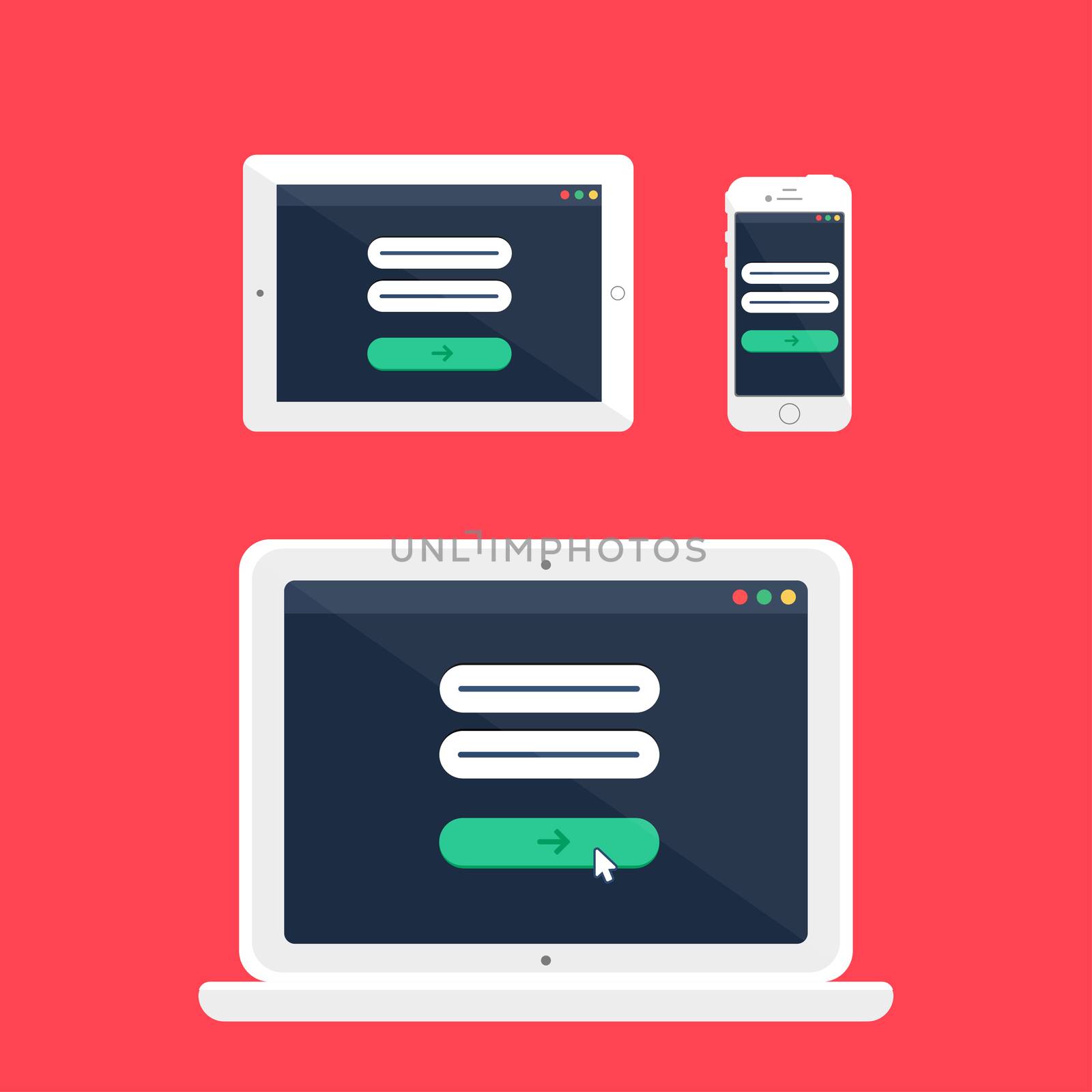 Adaptive Web Template and Gadget Elements for site form of email subscribe, newsletter or login to account, submit on Smartphone, Tablet, Notebook. Flat minimalistic pad, phone, laptop mockups. Vector