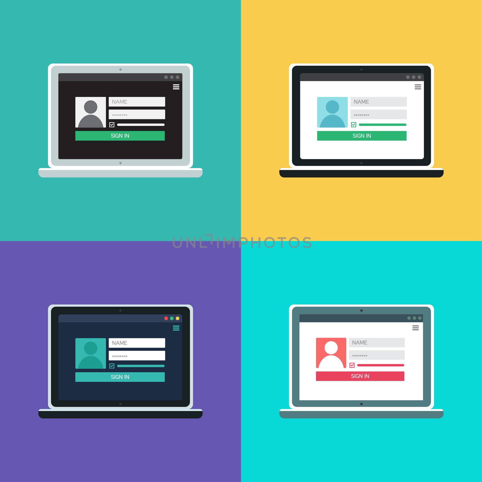 Web Template and Elements for site form of login to account on computer. Vector