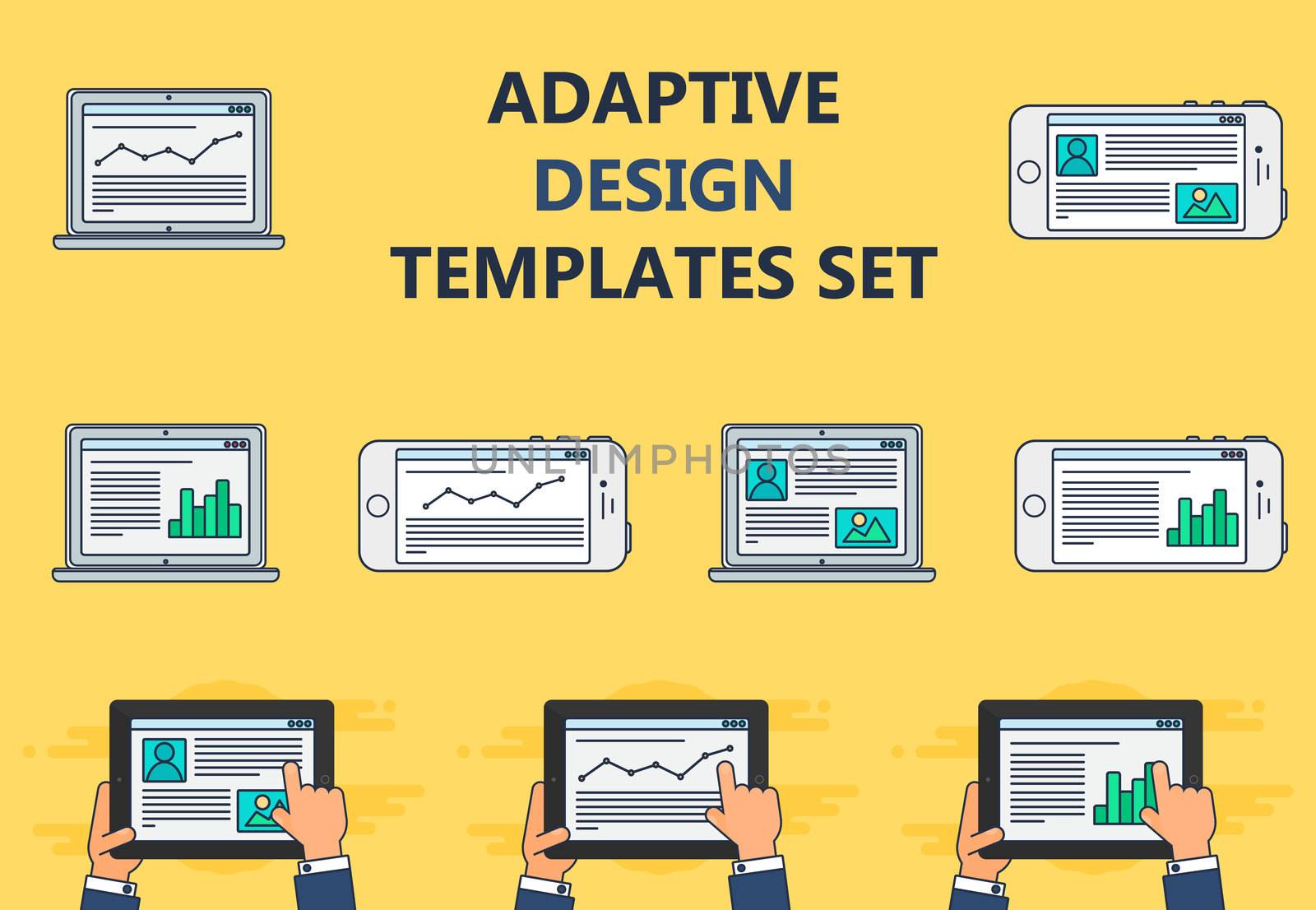 Adaptive Web Phone Template and Gadget Elements for site of blog and infographics on Smartphone, Tablet, Notebook. Outline minimalistic pad, phone, laptop mockups. Vector