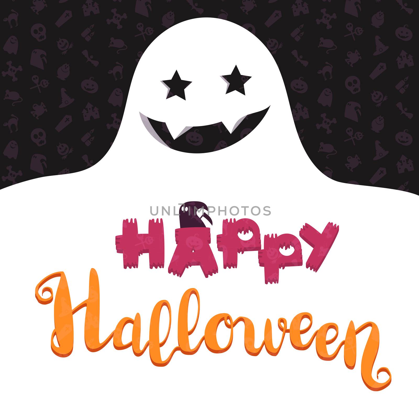 Happy Halloween Lettering with ghost. Trick or treat concept for print, fabric, greeting, card, banner, t-shirt. Poster with halloween text. Vector