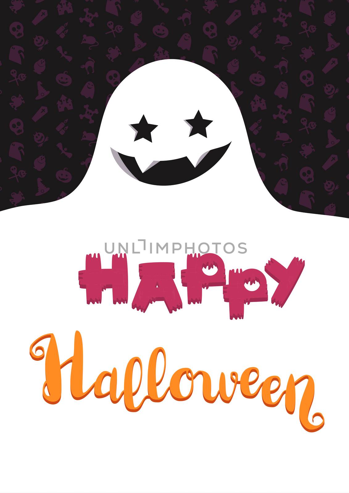 Happy Halloween Lettering with ghost. Trick or treat concept for print, fabric, greeting, card, banner, t-shirt. Poster with halloween text. Vector