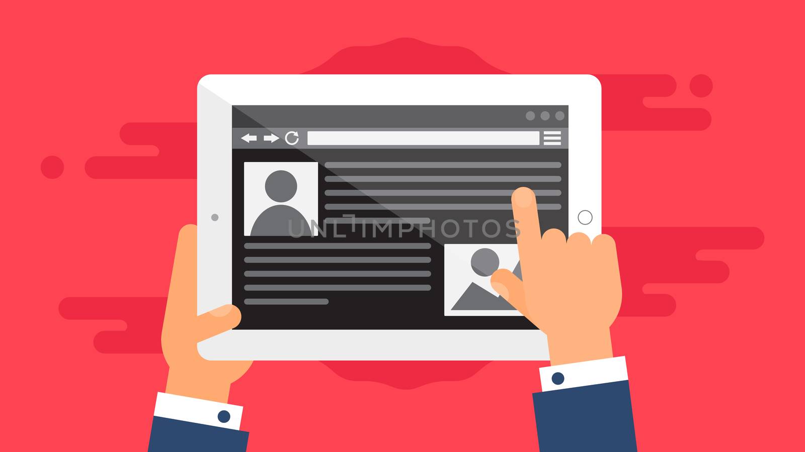 Web Template and Elements for site of blog and infographics on tablet or reader. Vector