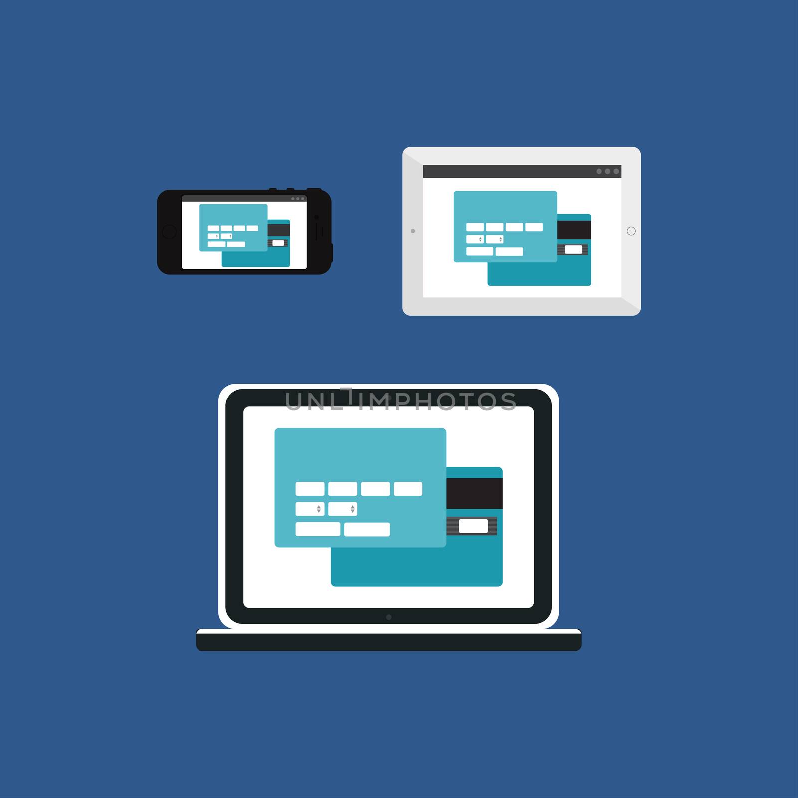 Adaptive Web Template and Gadget Elements for site form of online shopping and enter card data on Smartphone, Tablet, Notebook. Flat minimalistic pad, phone, laptop mockups. Vector