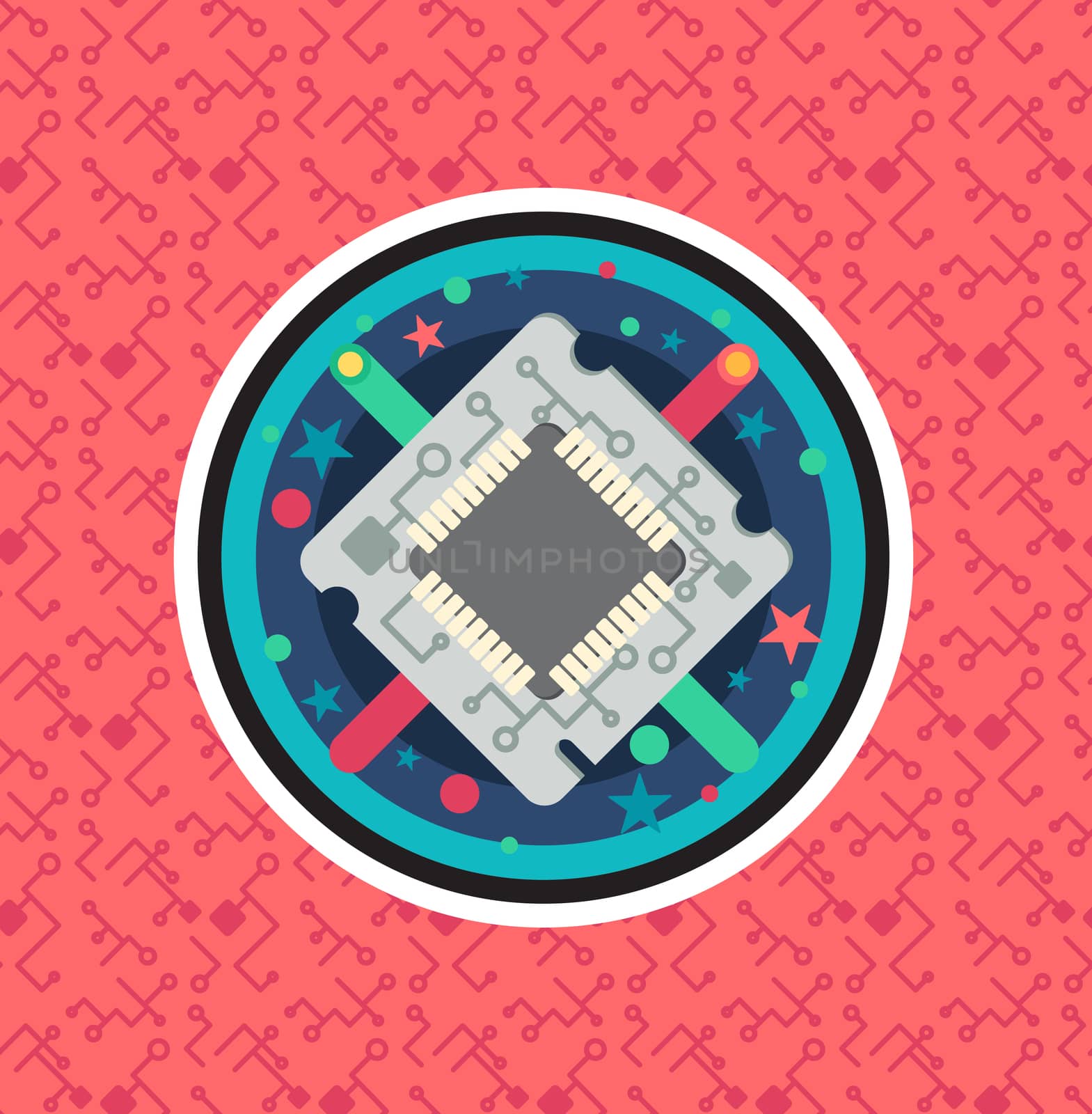 Computer Processor Chip with cable, wire. Symbol of programmer hard work, system administrator activities, scientific innovation, technical advancements and robotics. High tech microprocessor. Vector