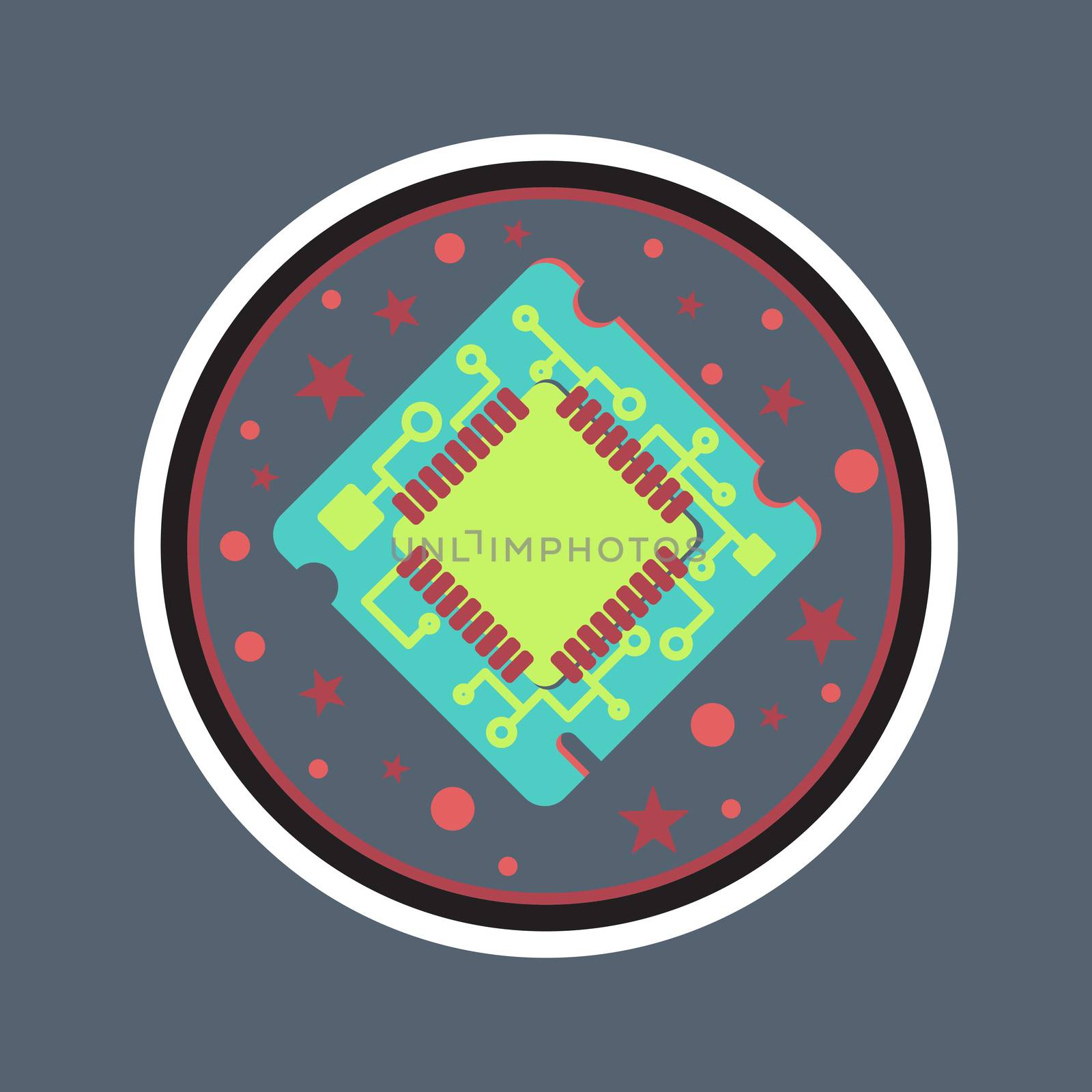 Computer Processor Chip. Symbol of programmer hard work, system administrator activities, scientific innovation, technical advancements and robotics. High tech microprocessor. Vector