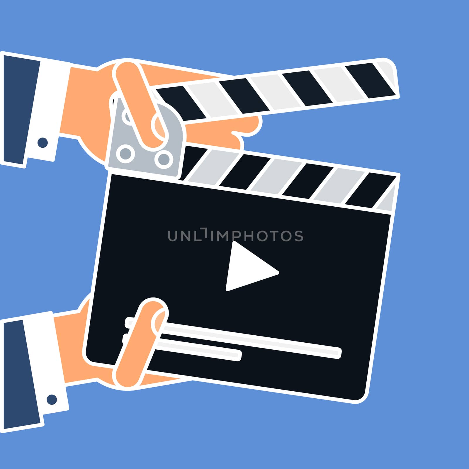 Flat movie clapperboard symbol in hands. Stylish blank movie clapperboard elements. Vector