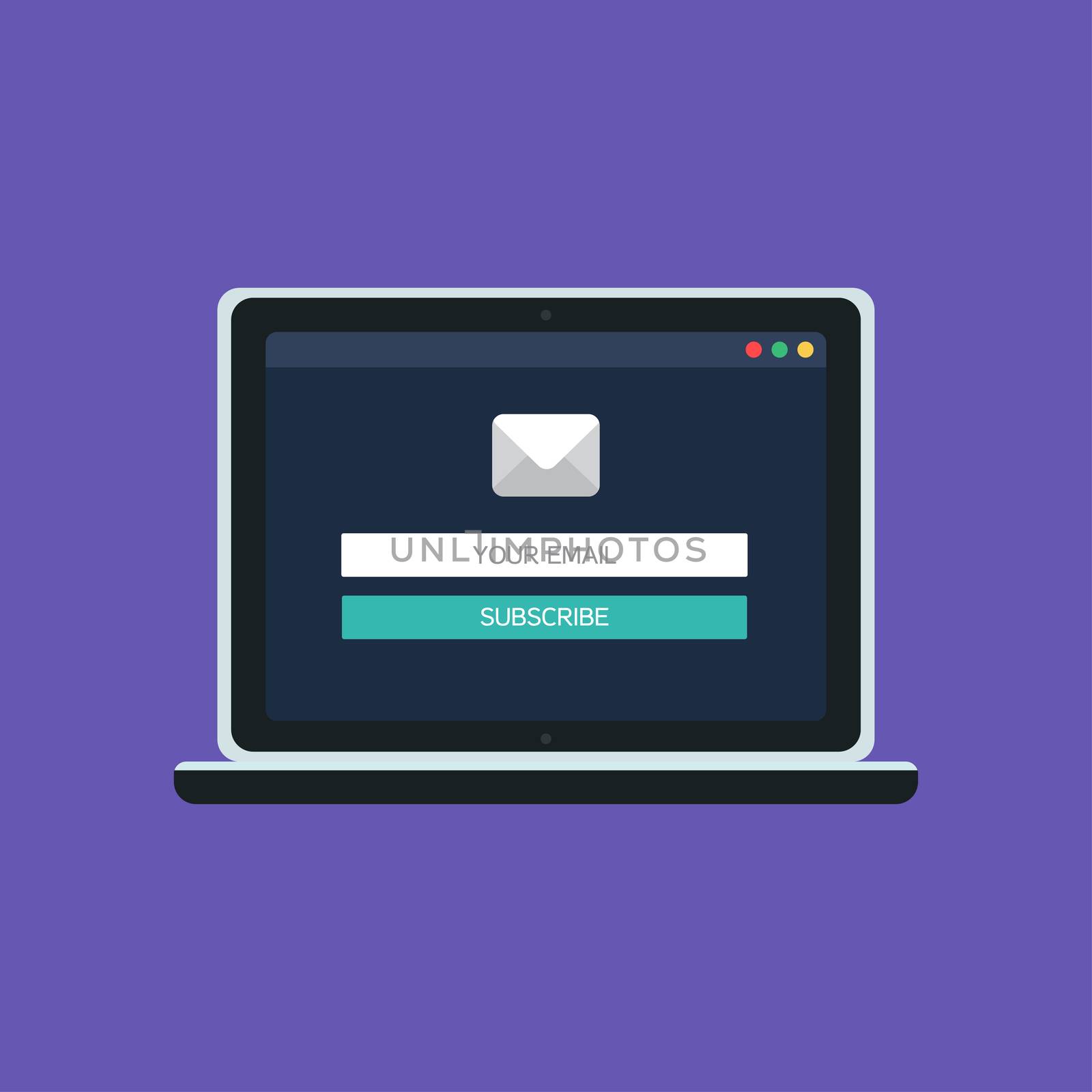 Web Template and Elements for site form of email subscribe, newsletter on computer. Vector