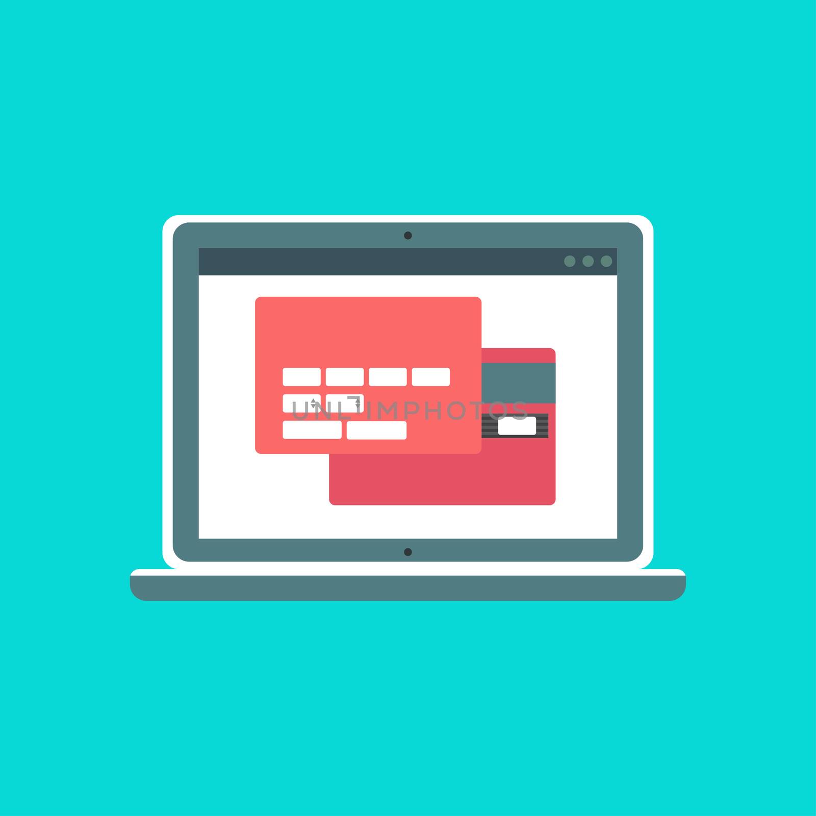 Web Template and Elements for site form of online shopping and enter card data on notebook. Vector