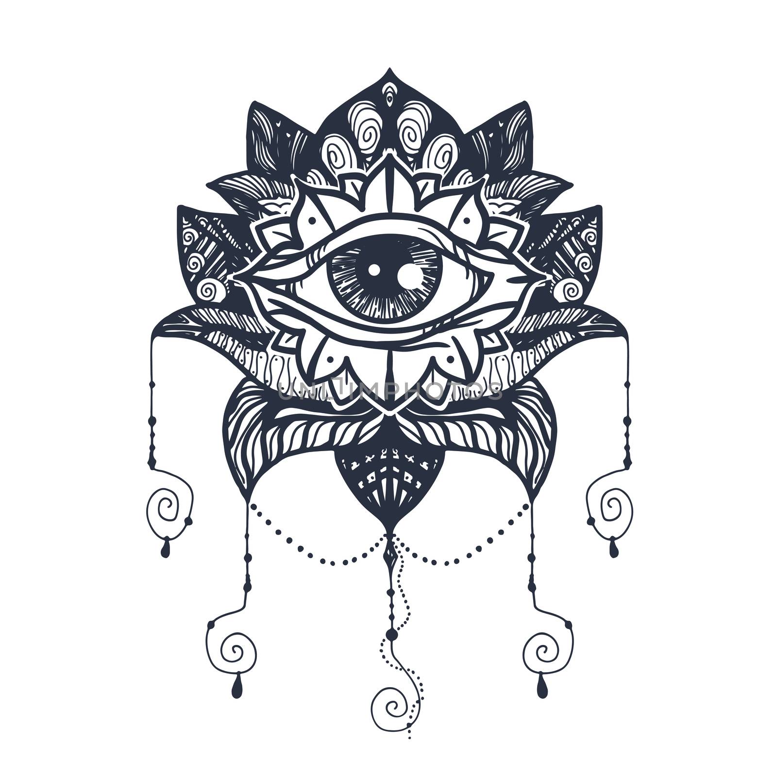 Vintage All Seeing Eye in Mandala Lotus. Providence magic symbol for print, tattoo, coloring book,fabric, t-shirt, cloth in boho style. Astrology, occult, esoteric insight sign with eye. Vector