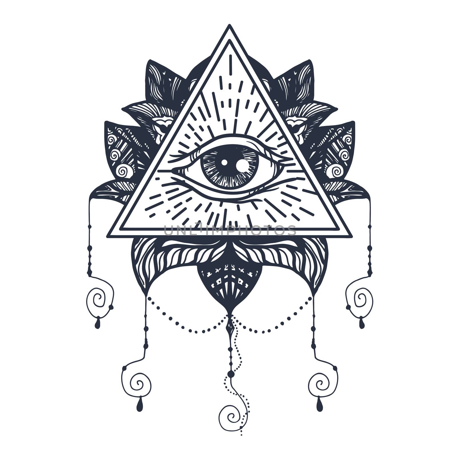 Vintage All Seeing Eye in Mandala Lotus. Providence magic symbol for print, tattoo, coloring book,fabric, t-shirt, cloth in boho style. Astrology, occult, esoteric insight sign with eye. Vector