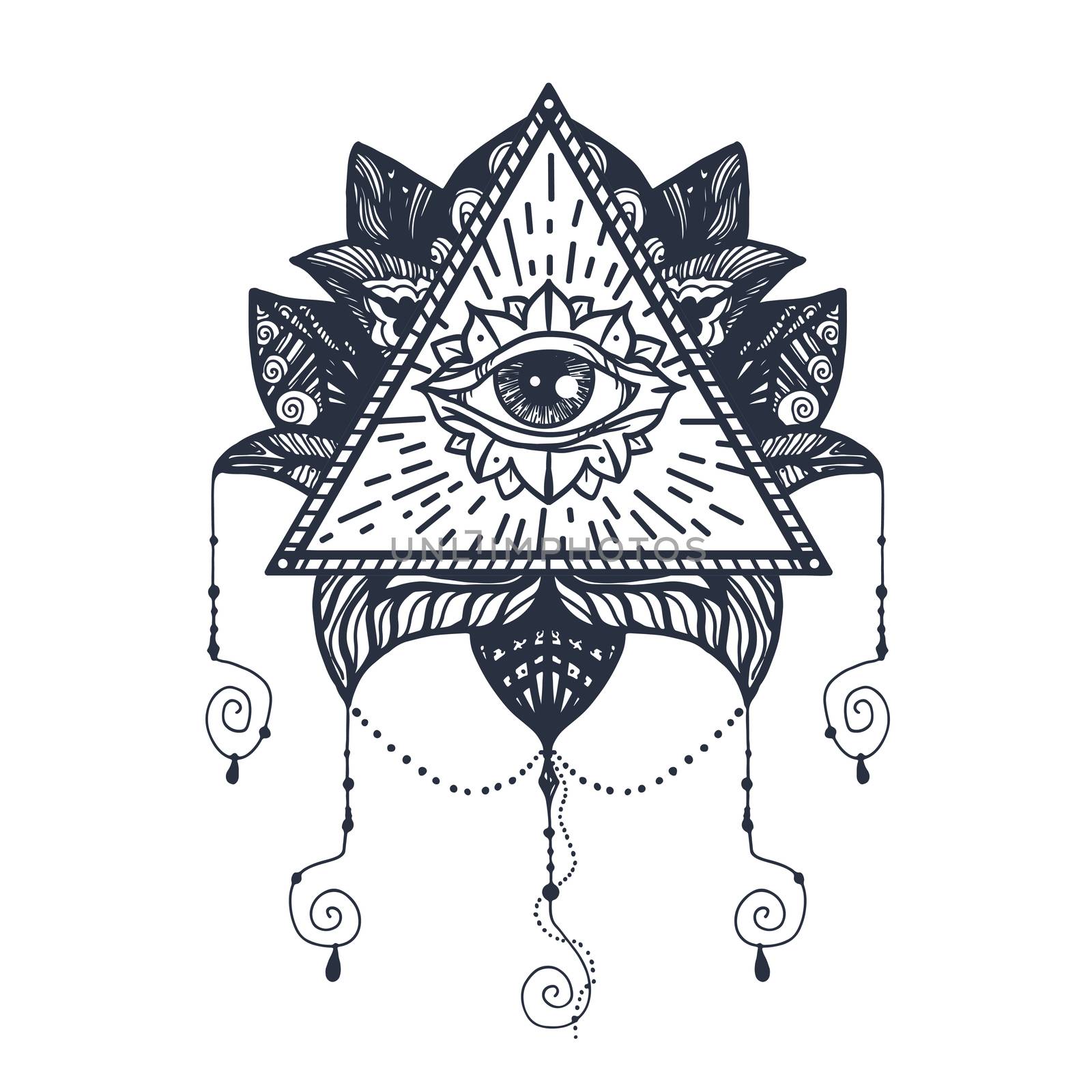 Vintage All Seeing Eye in Mandala Lotus. Providence magic symbol for print, tattoo, coloring book,fabric, t-shirt, cloth in boho style. Astrology, occult, esoteric insight sign with eye. Vector