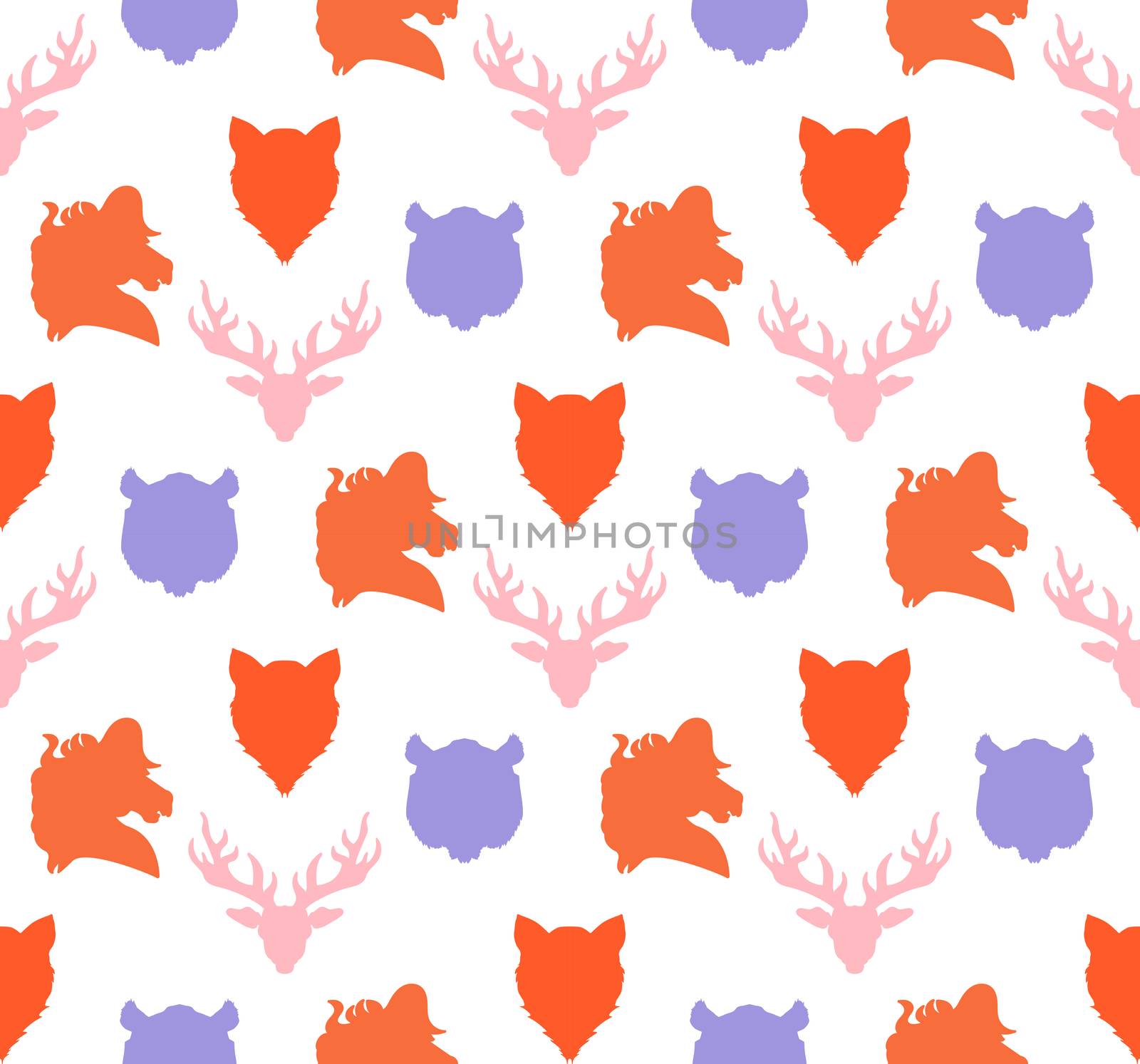 Wildlife seamless pattern. Zoo ornament for print, fabric, cloth, child items and wrap. Nature fauna wallpaper. Silhouettes head animals background. Vector