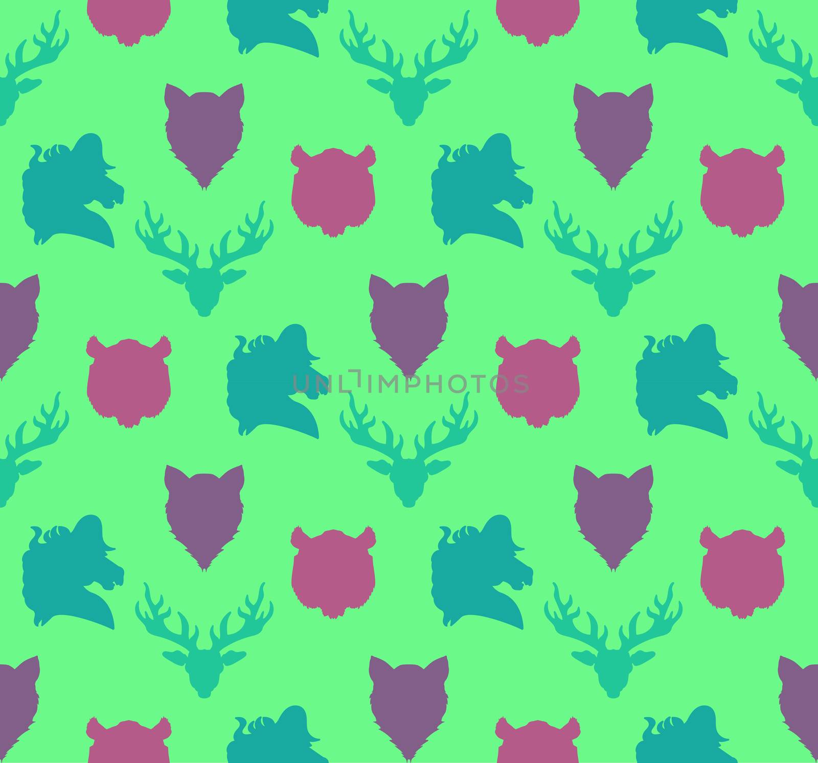 Wildlife seamless pattern. Zoo ornament for print, fabric, cloth, child items and wrap. Nature fauna wallpaper. Silhouettes head animals background. Vector