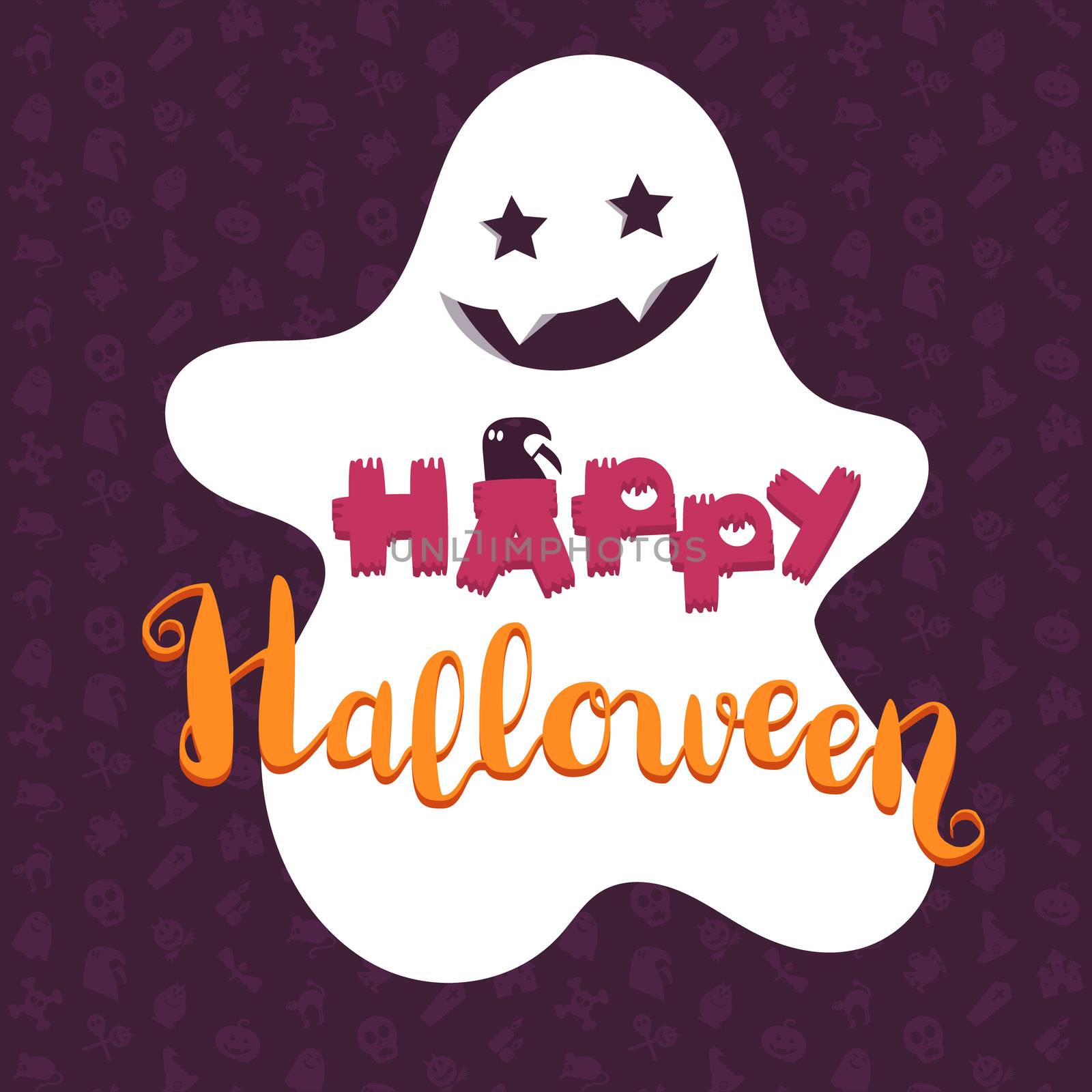 Happy Halloween Lettering with ghost. Holiday concept for print, fabric, greeting card, banner, t-shirt. Vector