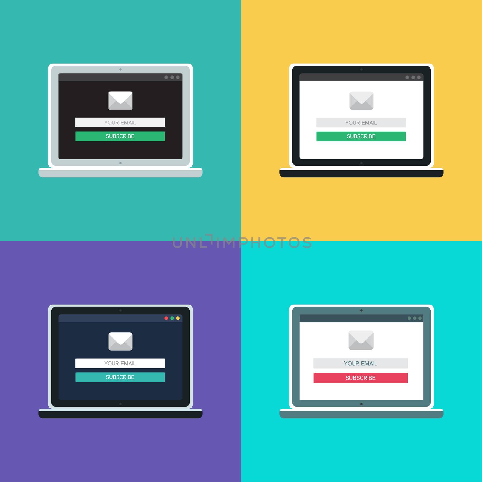 Web Template and Elements for site form of email subscribe, newsletter on computer. Vector