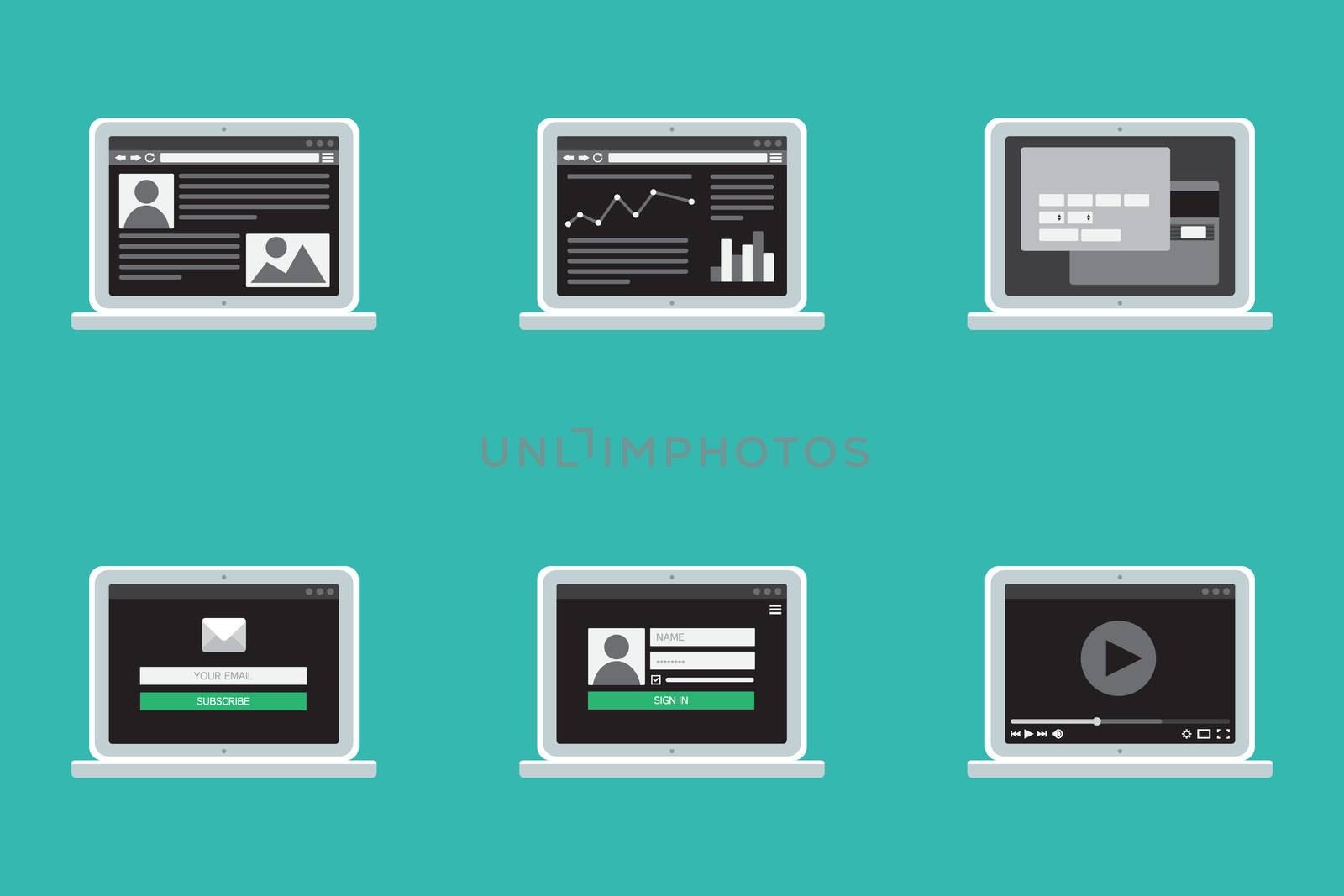 Adaptive Web Template for site forms of email subscribe, login to account, watching video, online shopping, blog and infographics on computer. Vector