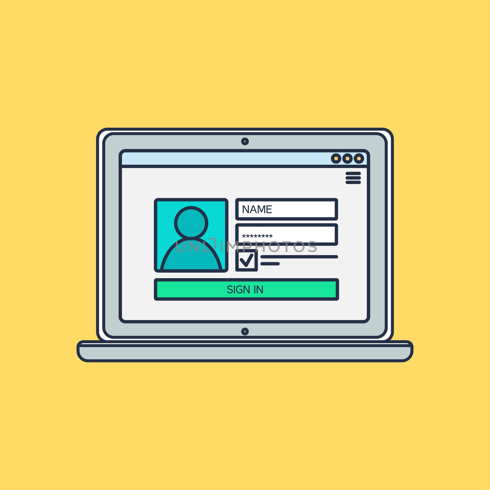 Web Template and Elements for site form of login to account on computer. Vector