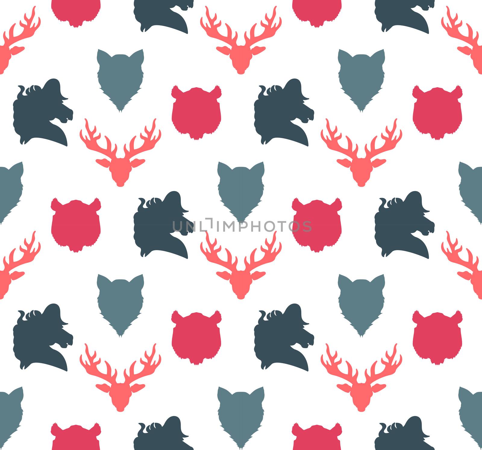 Wildlife seamless pattern. Zoo ornament for print, fabric, cloth, child items and wrap. Nature fauna wallpaper. Silhouettes head animals background. Vector