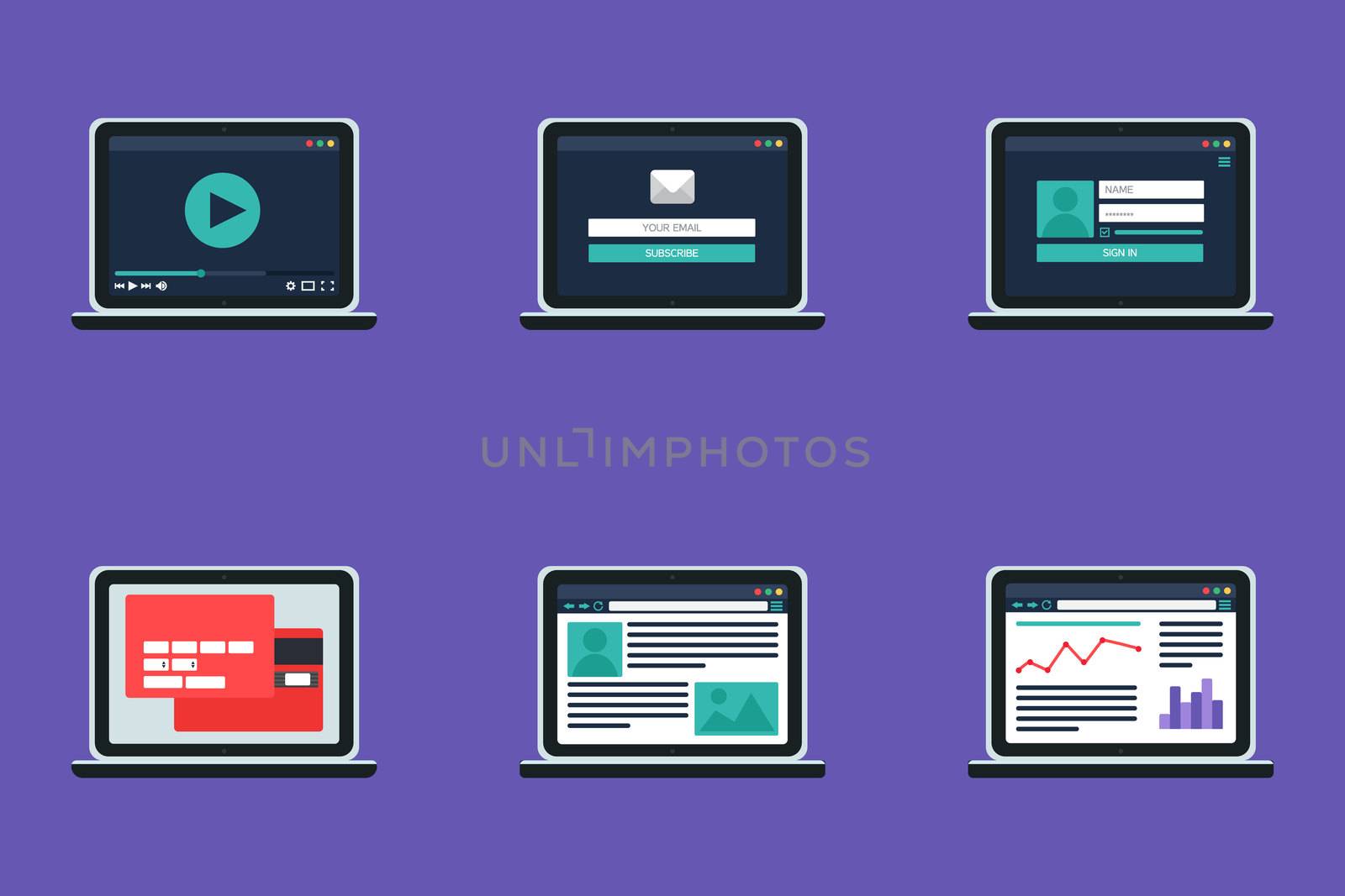 Adaptive Web Template for site forms of email subscribe, login to account, watching video, online shopping, blog and infographics on computer. Vector