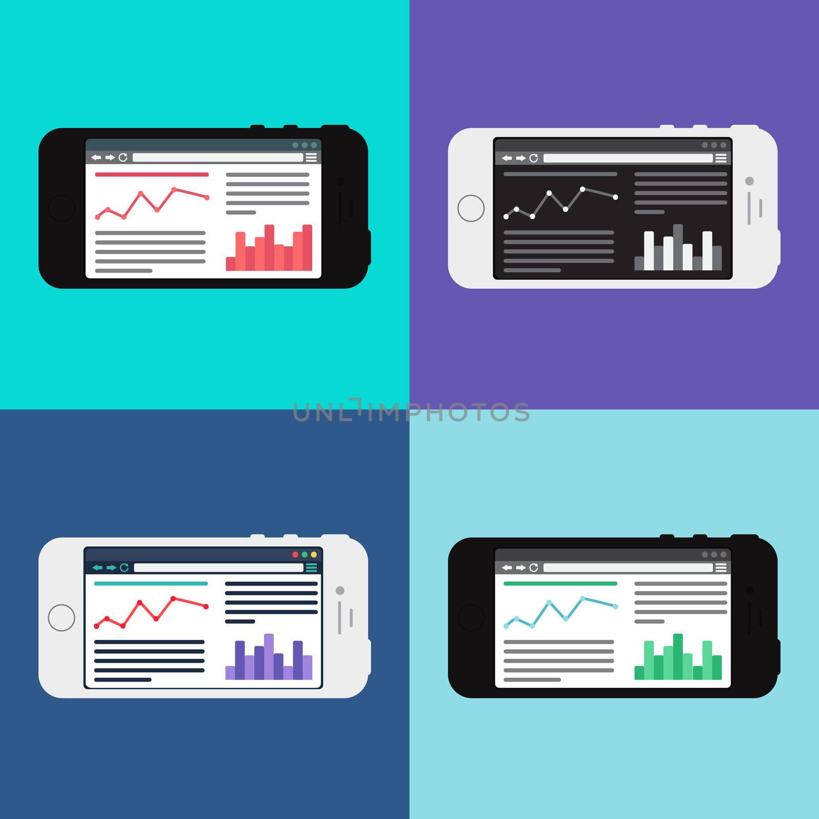 Adaptive Web Phone Template and Gadget Elements for site of blog and infographics on Smartphone. Vector