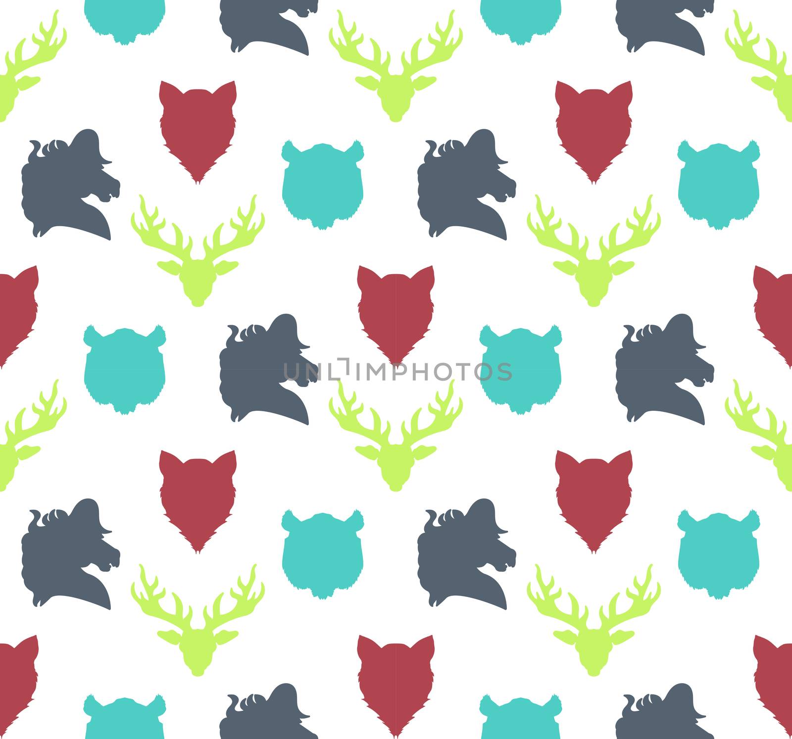 Wildlife seamless pattern. Zoo ornament for print, fabric, cloth, child items and wrap. Nature fauna wallpaper. Silhouettes head animals background. Vector
