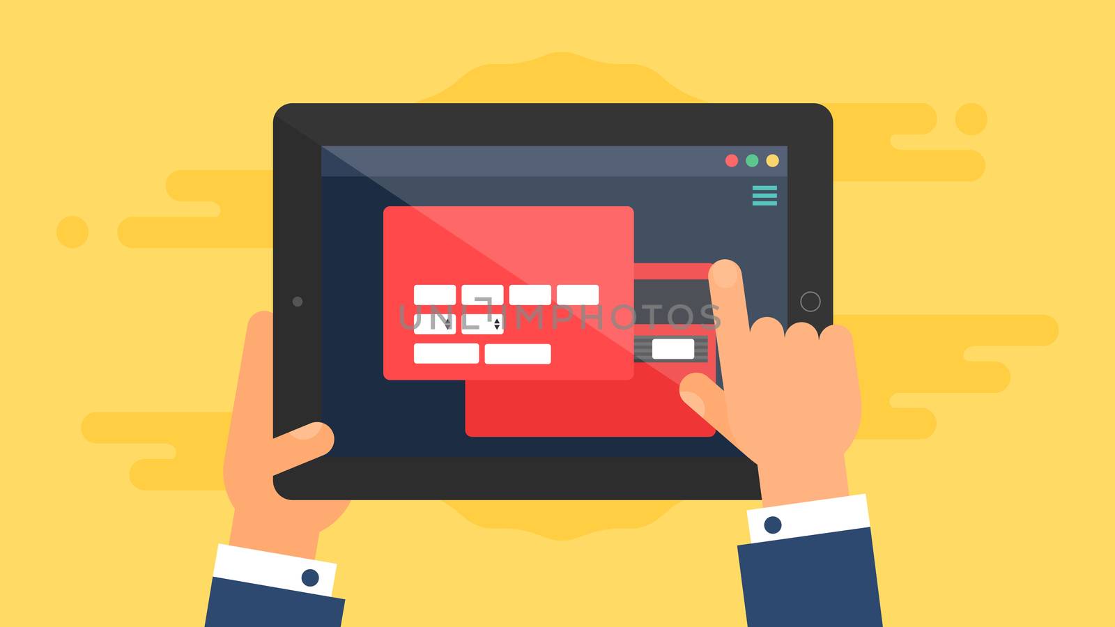 Web Template and Elements for site form of online shopping and enter card data on tablet. Vector