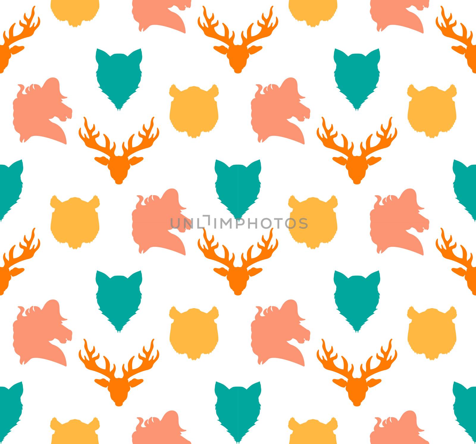 Wildlife seamless pattern. Zoo ornament for print, fabric, cloth, child items and wrap. Nature fauna wallpaper. Silhouettes head animals background. Vector