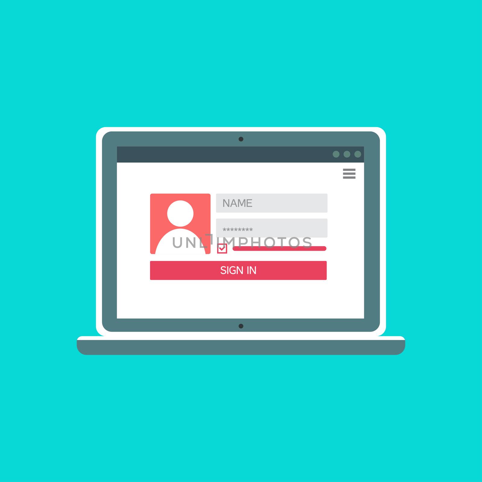 Web Template and Elements for site form of login to account on computer. Vector