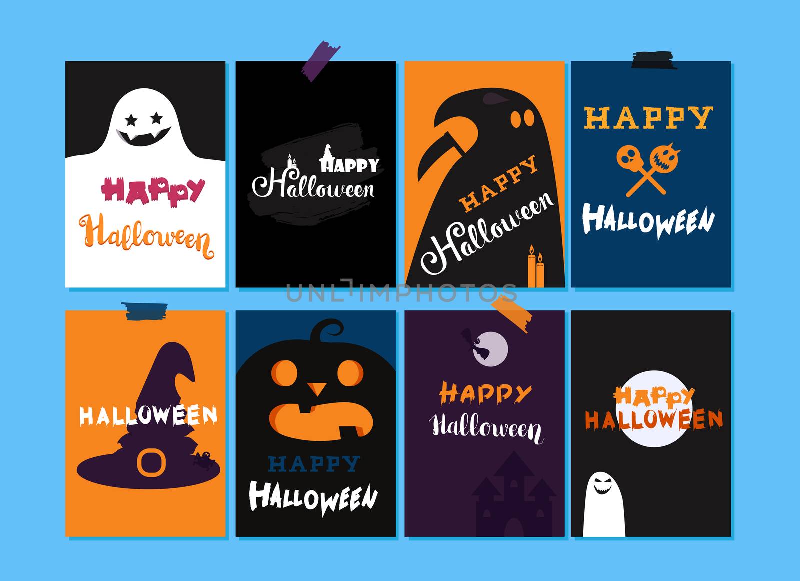 Happy Halloween Lettering Templates Set. Trick or treat concept for print, fabric, greeting, card, banner, t-shirt. Poster with halloween text, ghost, hat, candle, bat, castle, pumpkin, skull. Vector