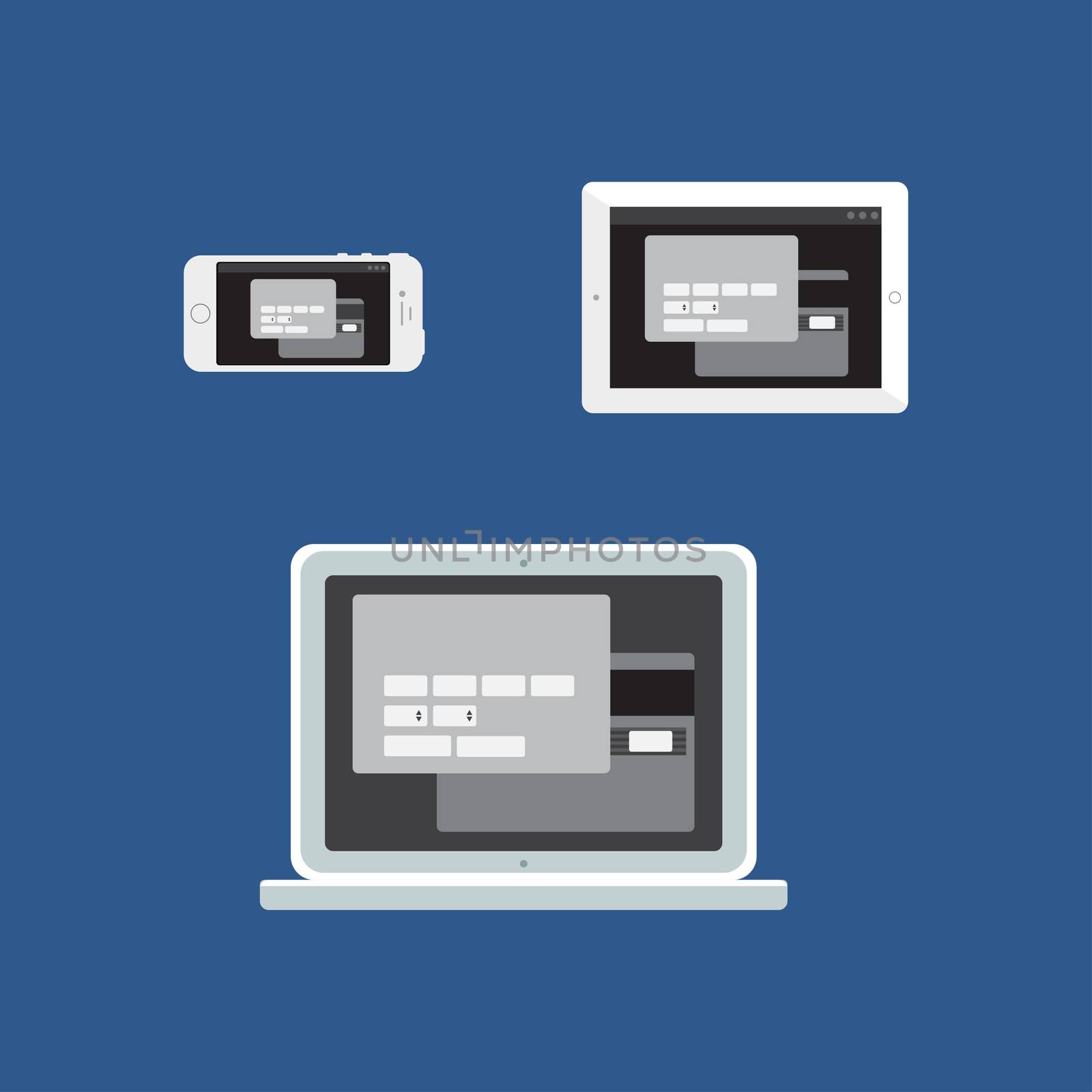 Adaptive Web Template and Gadget Elements for site form of online shopping and enter card data on Smartphone, Tablet, Notebook. Flat minimalistic pad, phone, laptop mockups. Vector
