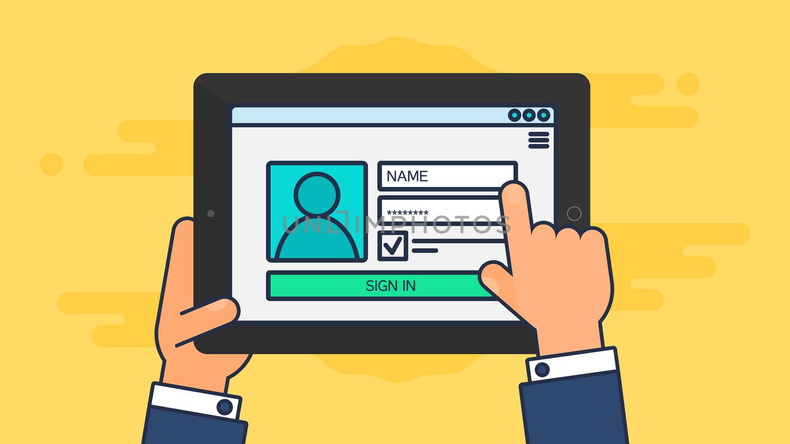 Web Template and Elements for site form of login to account on tablet. Vector