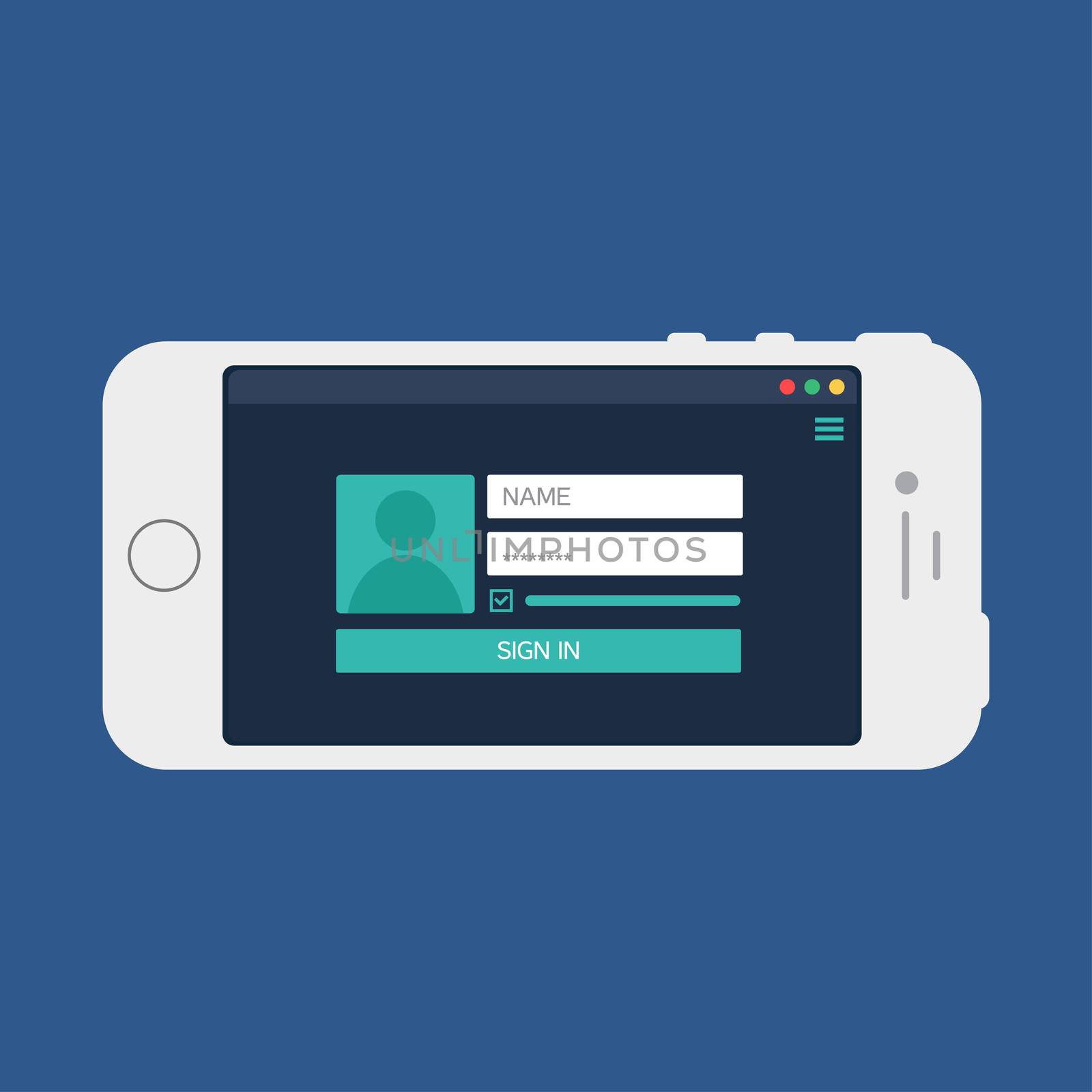 Adaptive Web Phone Template and Gadget Elements for site form of login to account on Smartphone. Vector