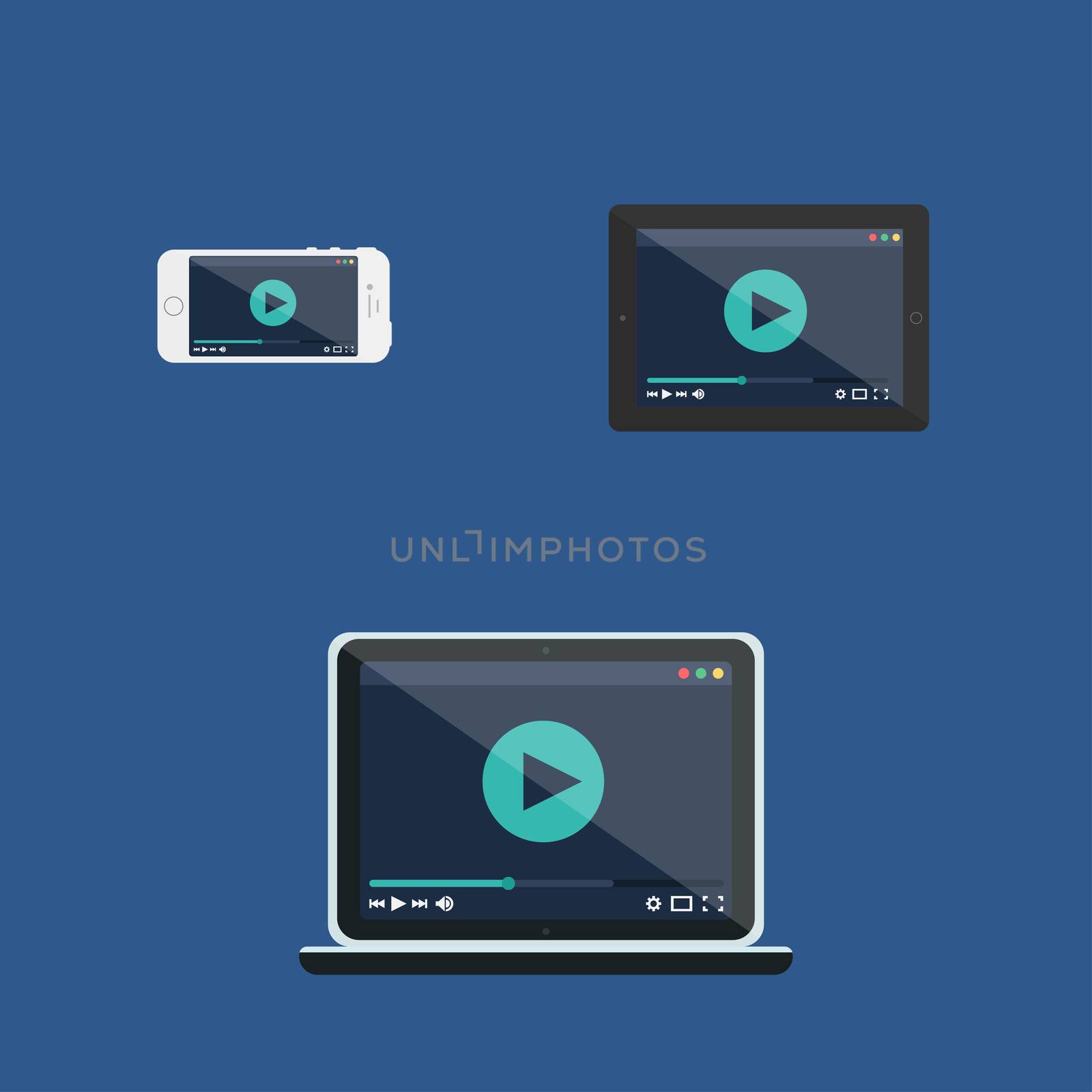 Adaptive Web Template and Gadget Elements for site form of watching online video on Smartphone, Tablet, Notebook. Flat minimalistic pad, phone, laptop mockups. Vector