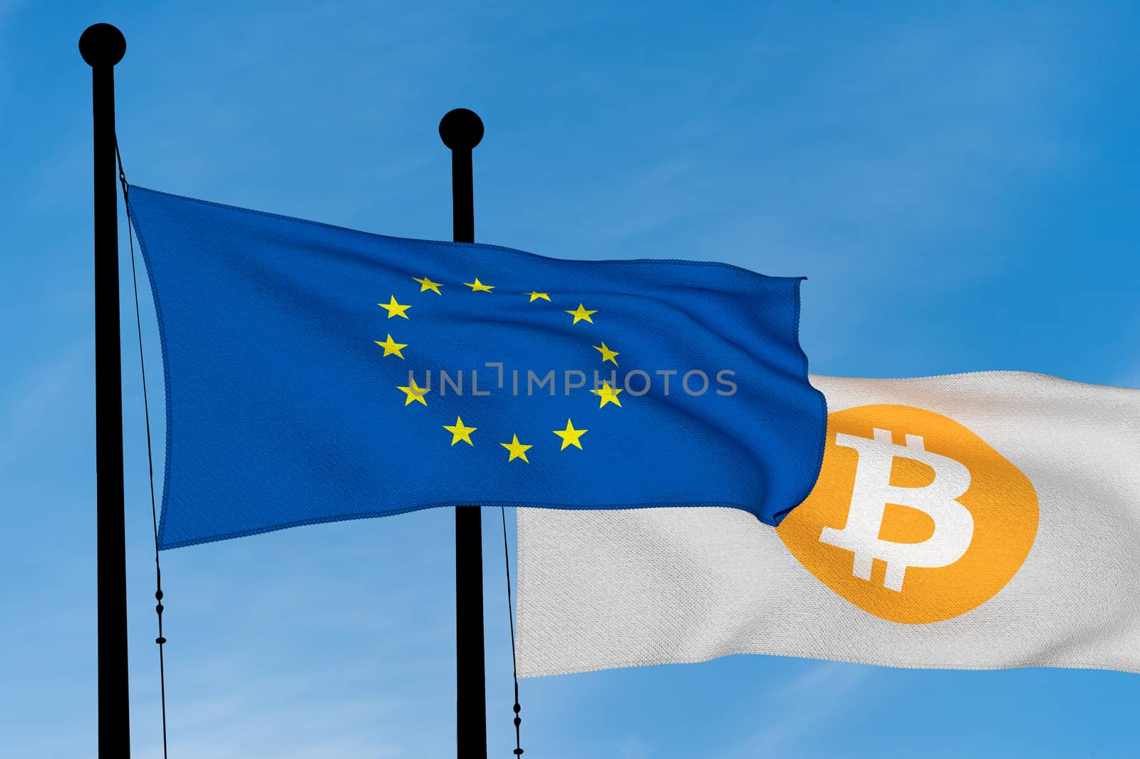 European flag and Bitcoin Flag waving over blue sky (digitally generated image)
