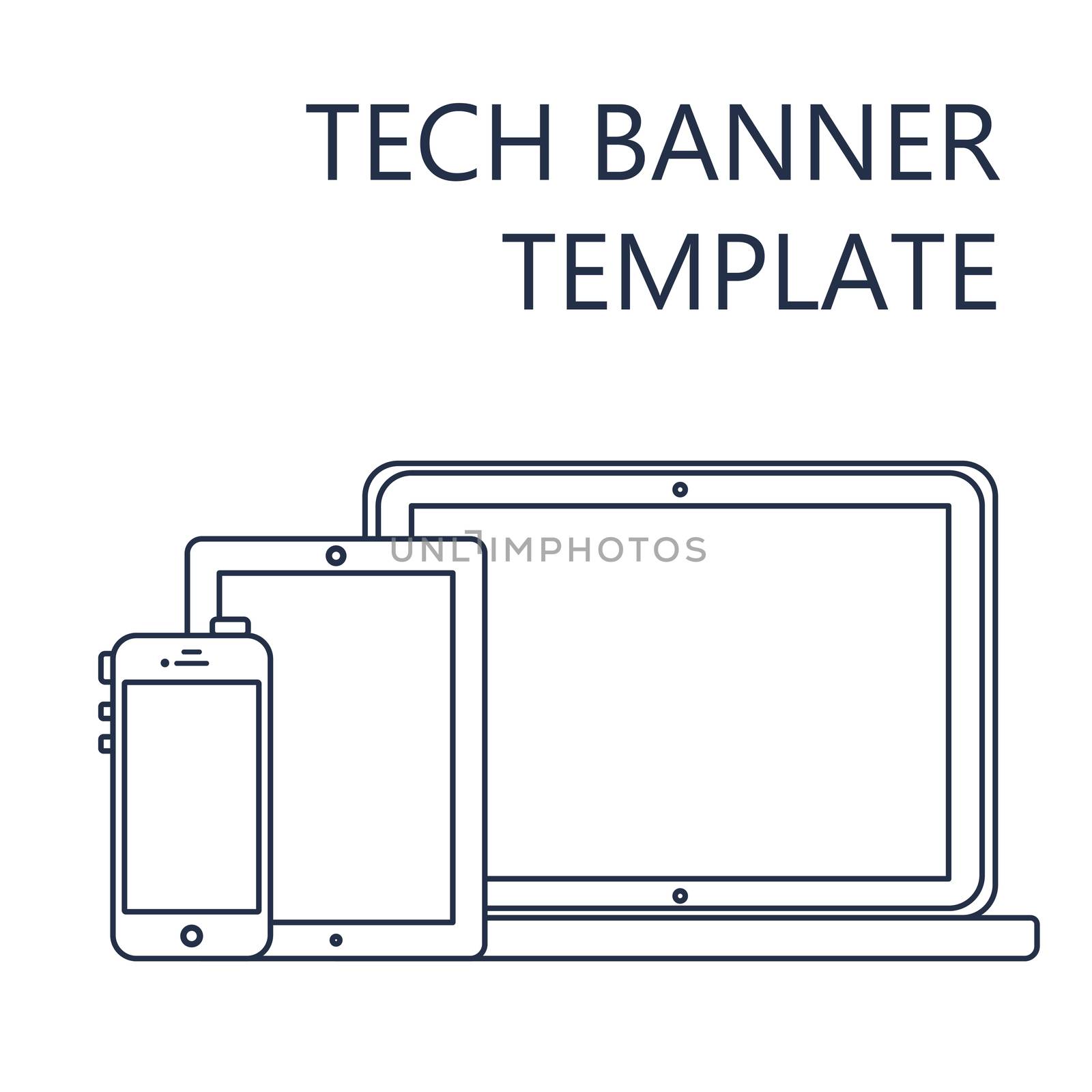 Adaptive Web Phone Template and Gadget Banner on Smartphone, Tablet, Notebook. Outline minimalistic pad, phone, laptop mockups. Vector