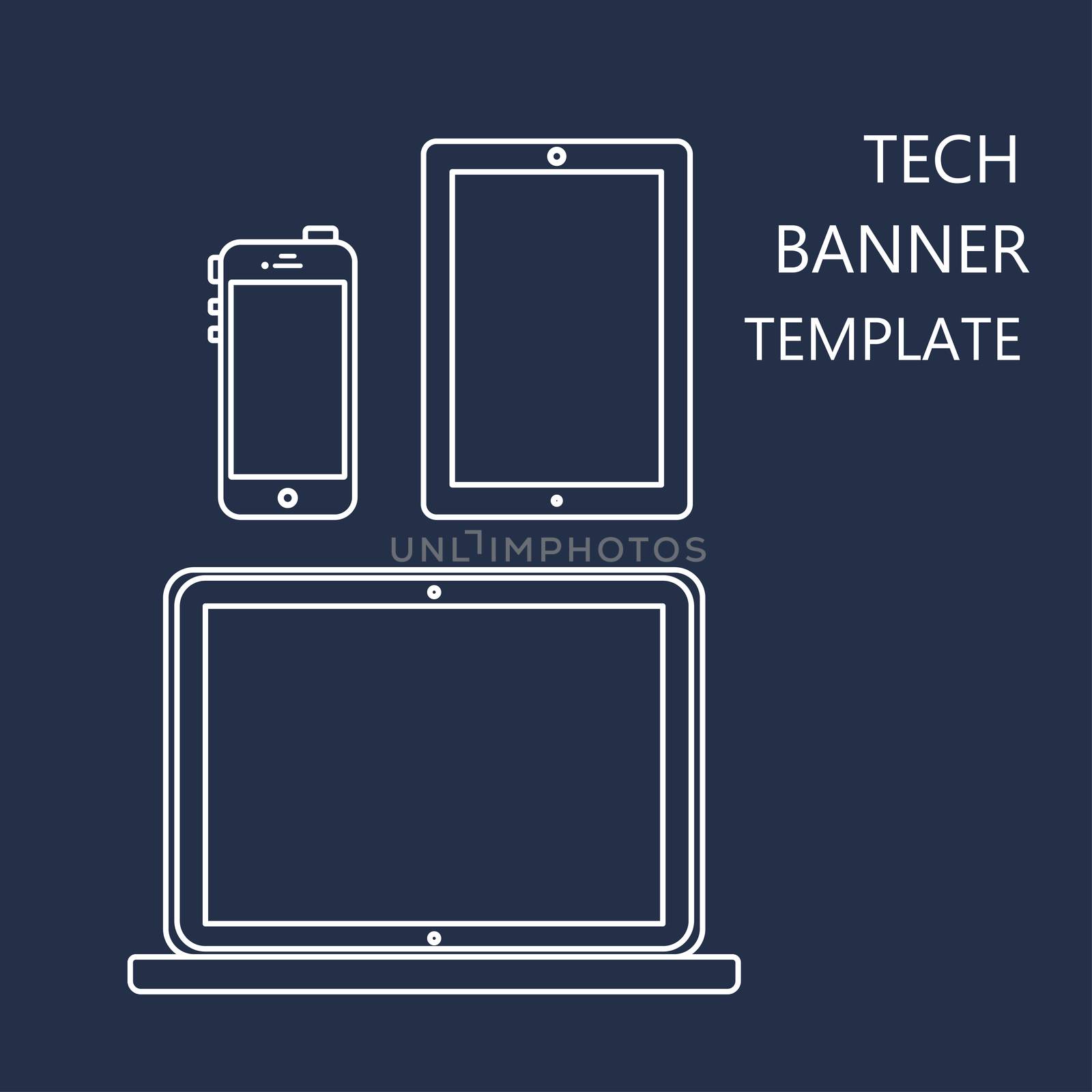 Adaptive Web Phone Template and Gadget Banner on Smartphone, Tablet, Notebook. Outline minimalistic pad, phone, laptop mockups. Vector