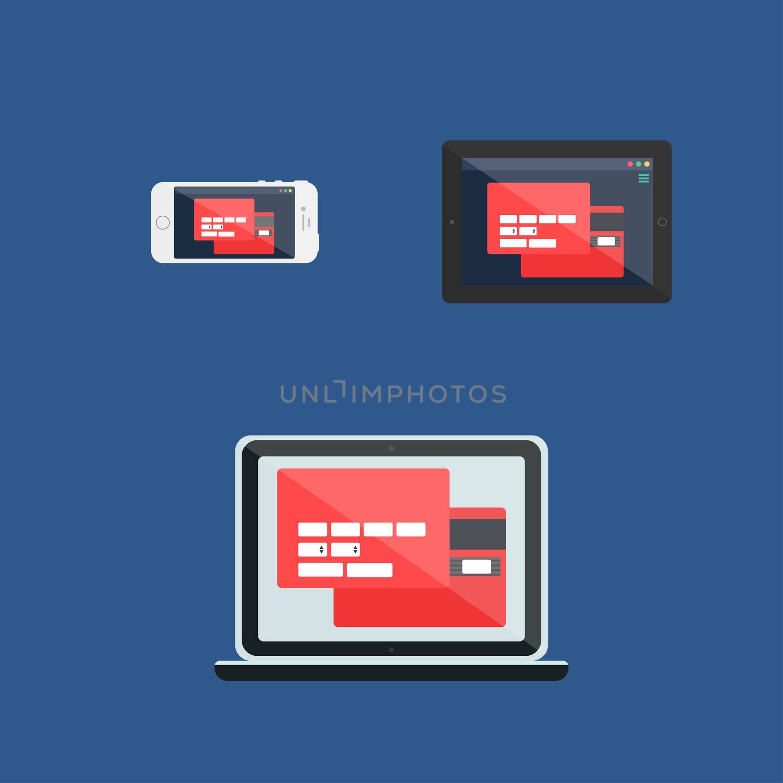 Adaptive Web Template and Gadget Elements for site form of online shopping and enter card data on Smartphone, Tablet, Notebook. Flat minimalistic pad, phone, laptop mockups. Vector