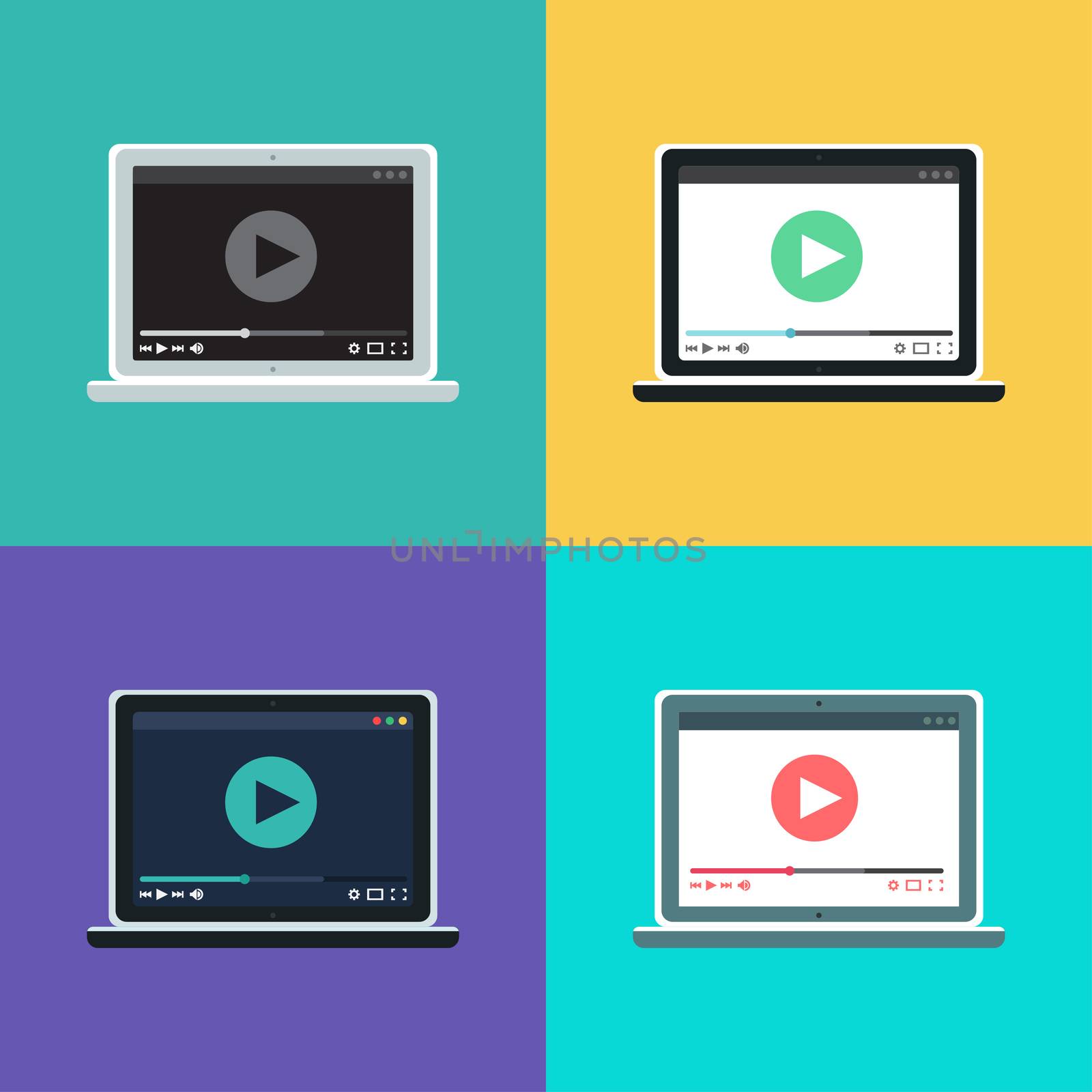 Web Template and Elements for site form of watching online video on computer. Vector