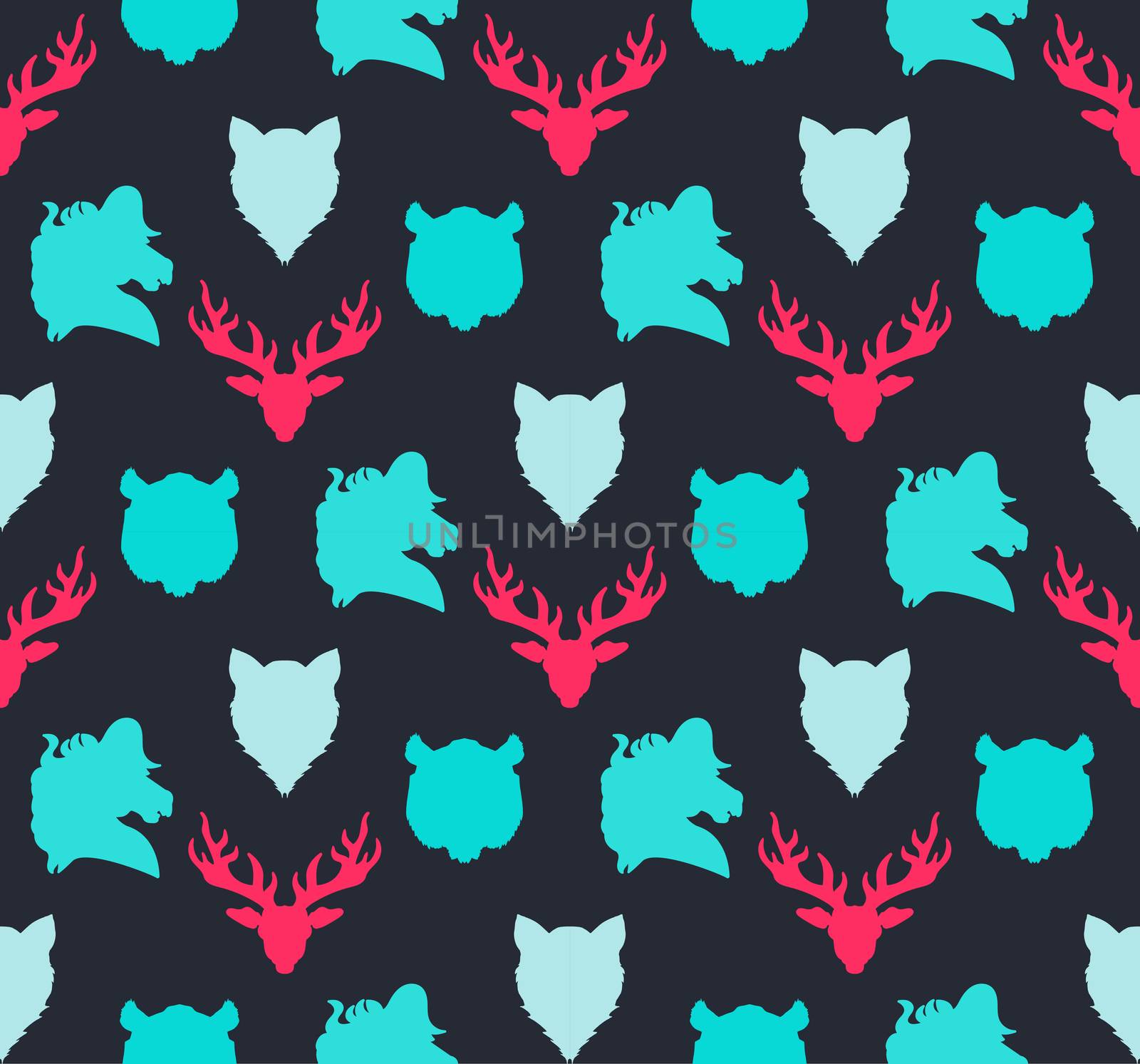 Wildlife seamless pattern. Zoo ornament for print, fabric, cloth, child items and wrap. Nature fauna wallpaper. Silhouettes head animals background. Vector